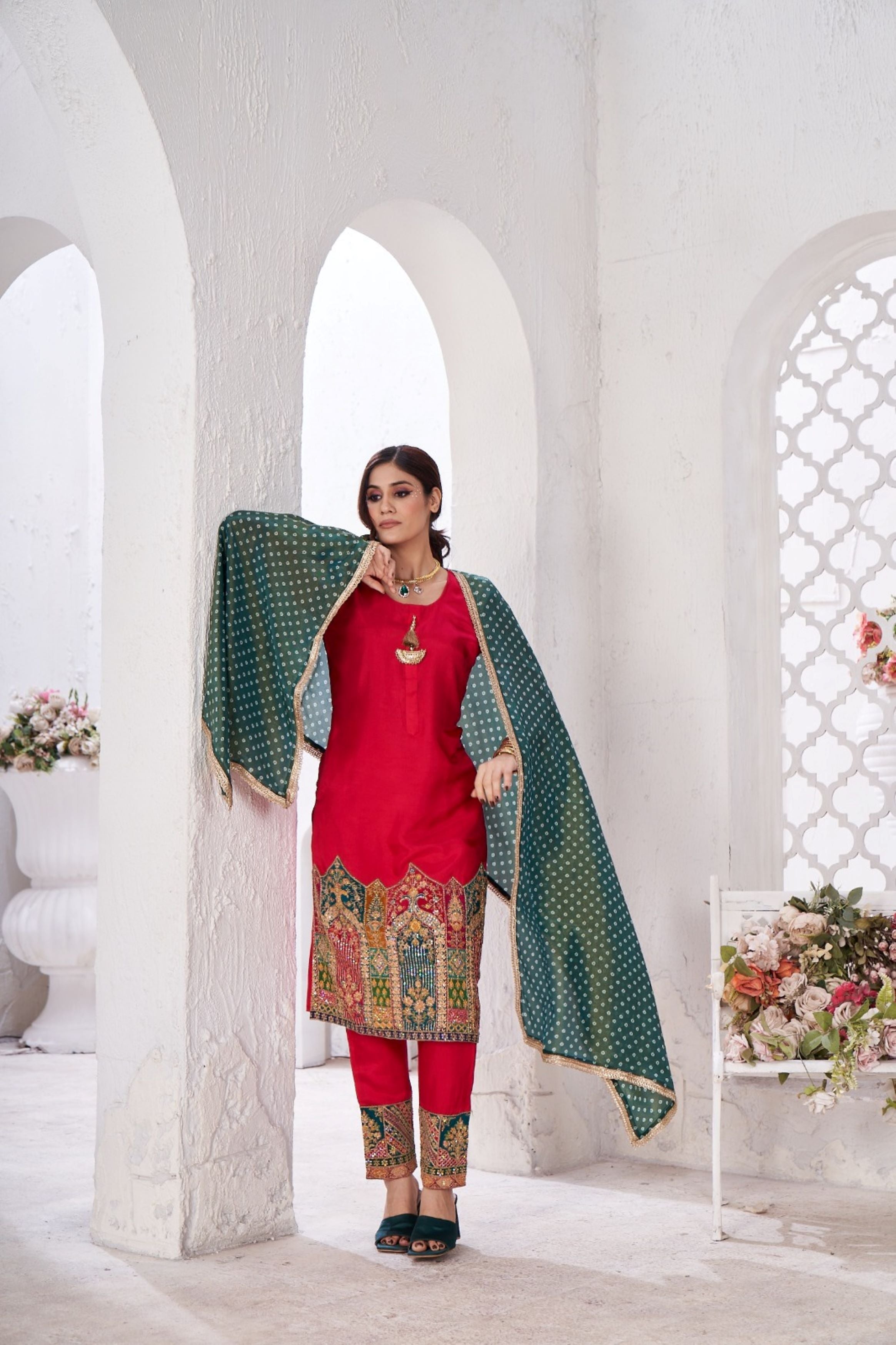 Hot Red Embellished Tissue Silk Kurta Pant Set