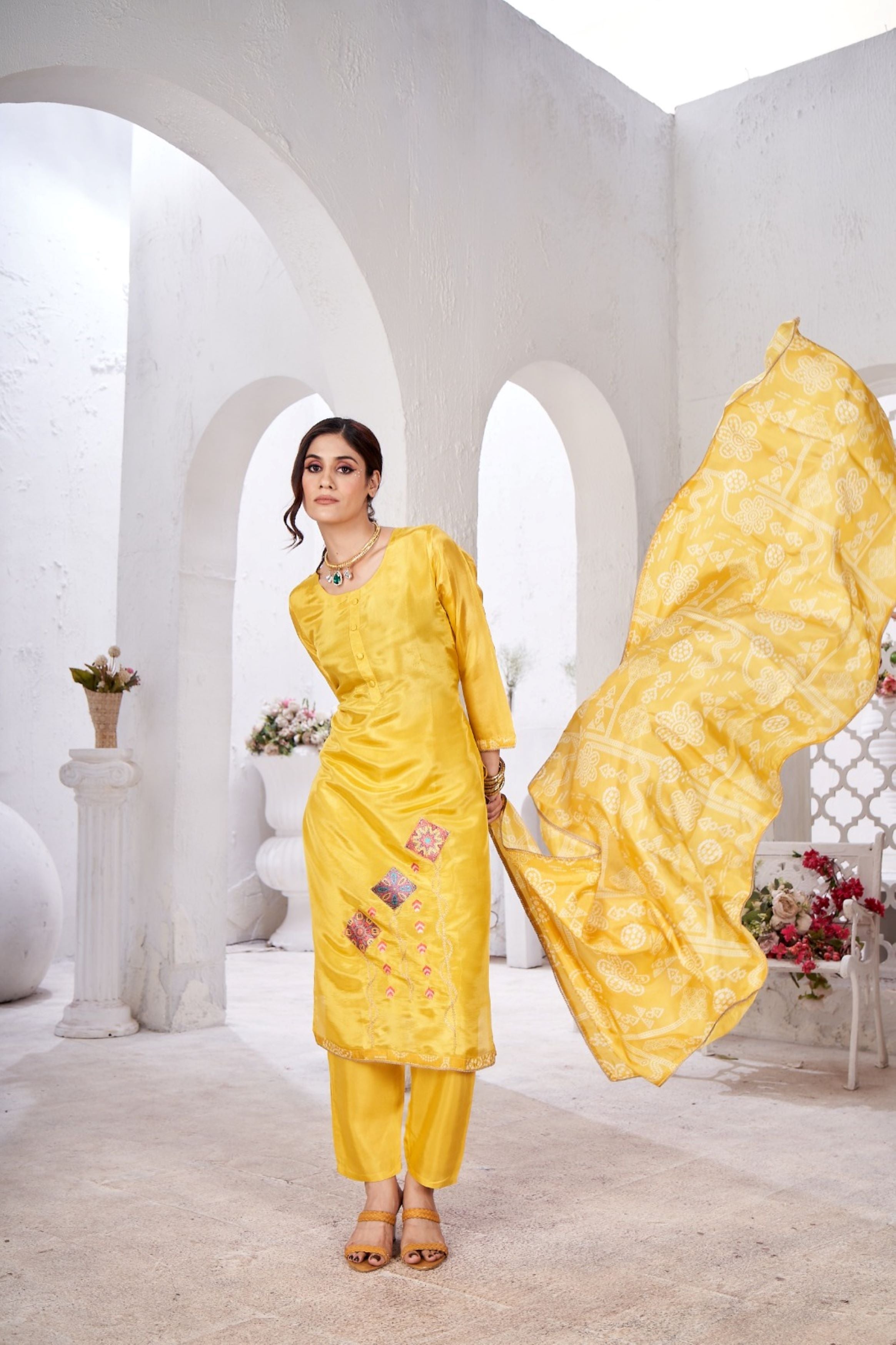 Bright Yellow Embellished Shimmer Silk Kurta Pant Set