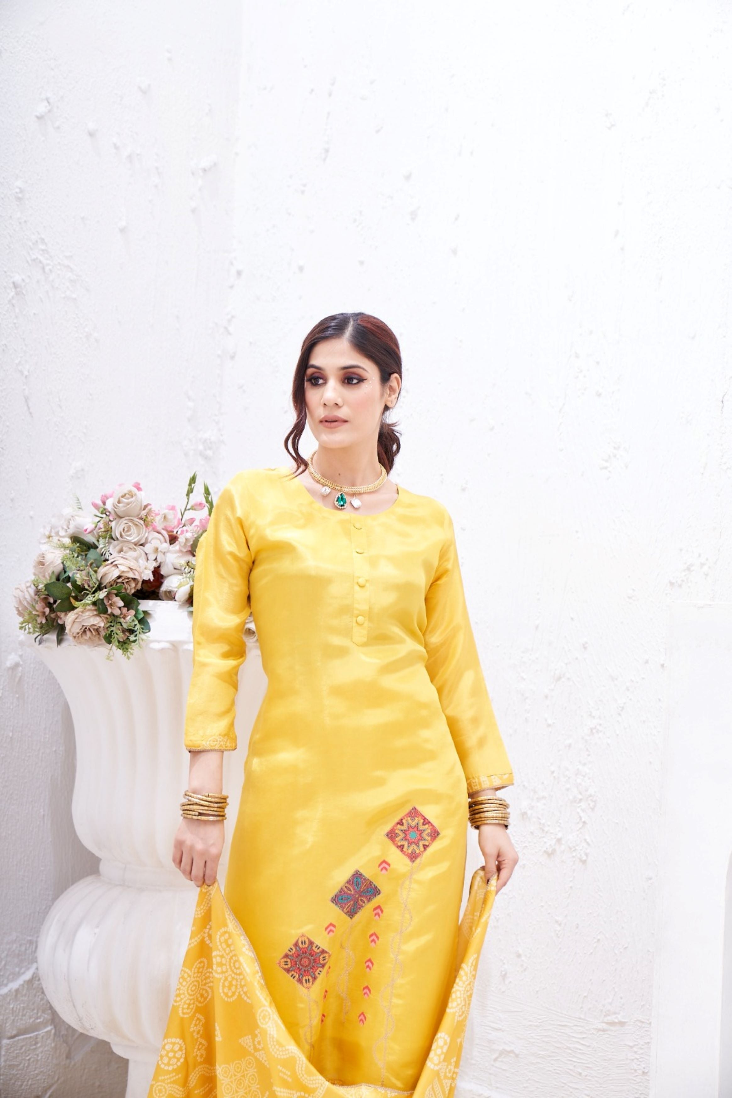 Bright Yellow Embellished Shimmer Silk Kurta Pant Set