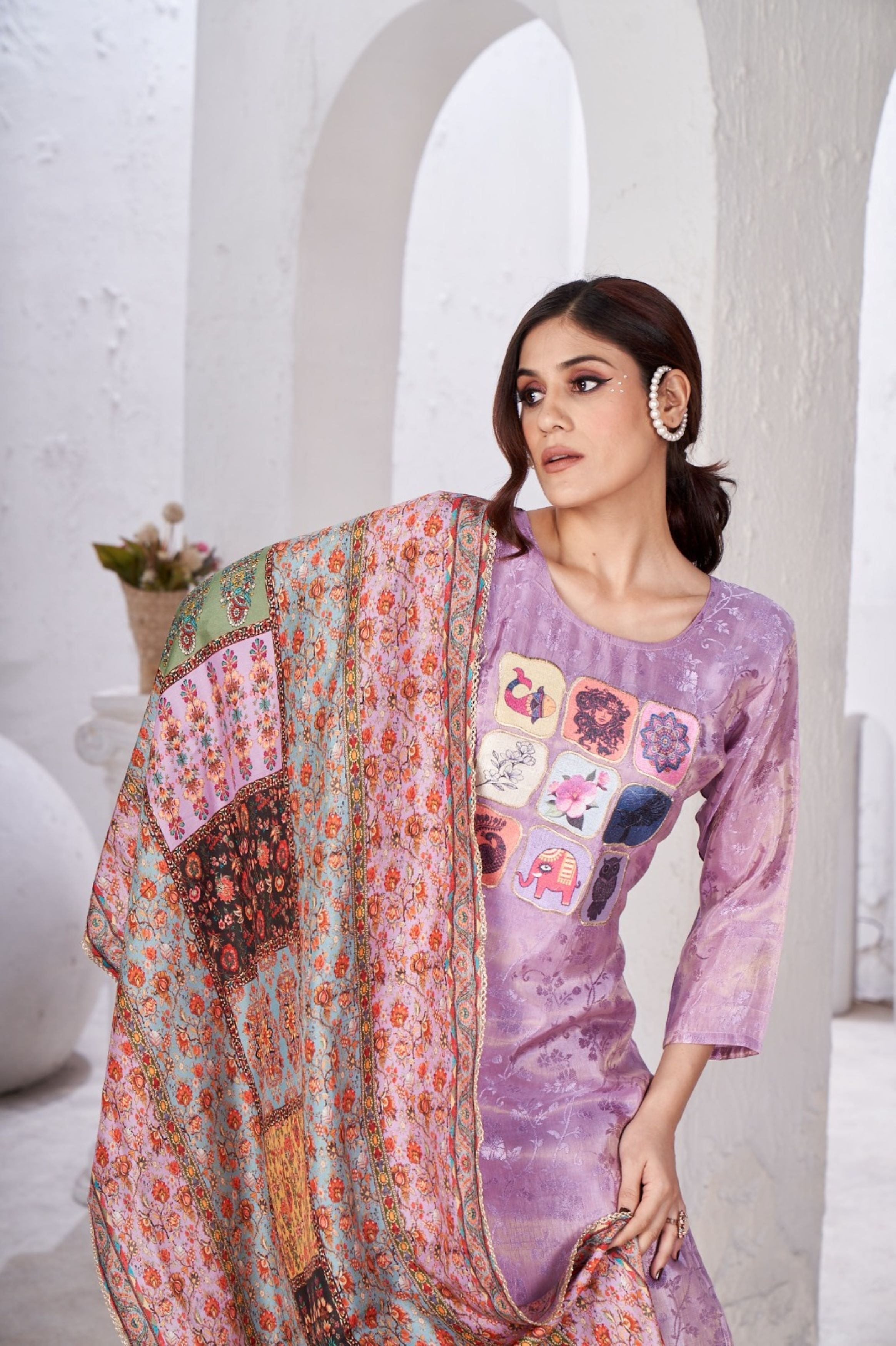 Light Lavender Printed Shimmer Silk Kurta Pant Set