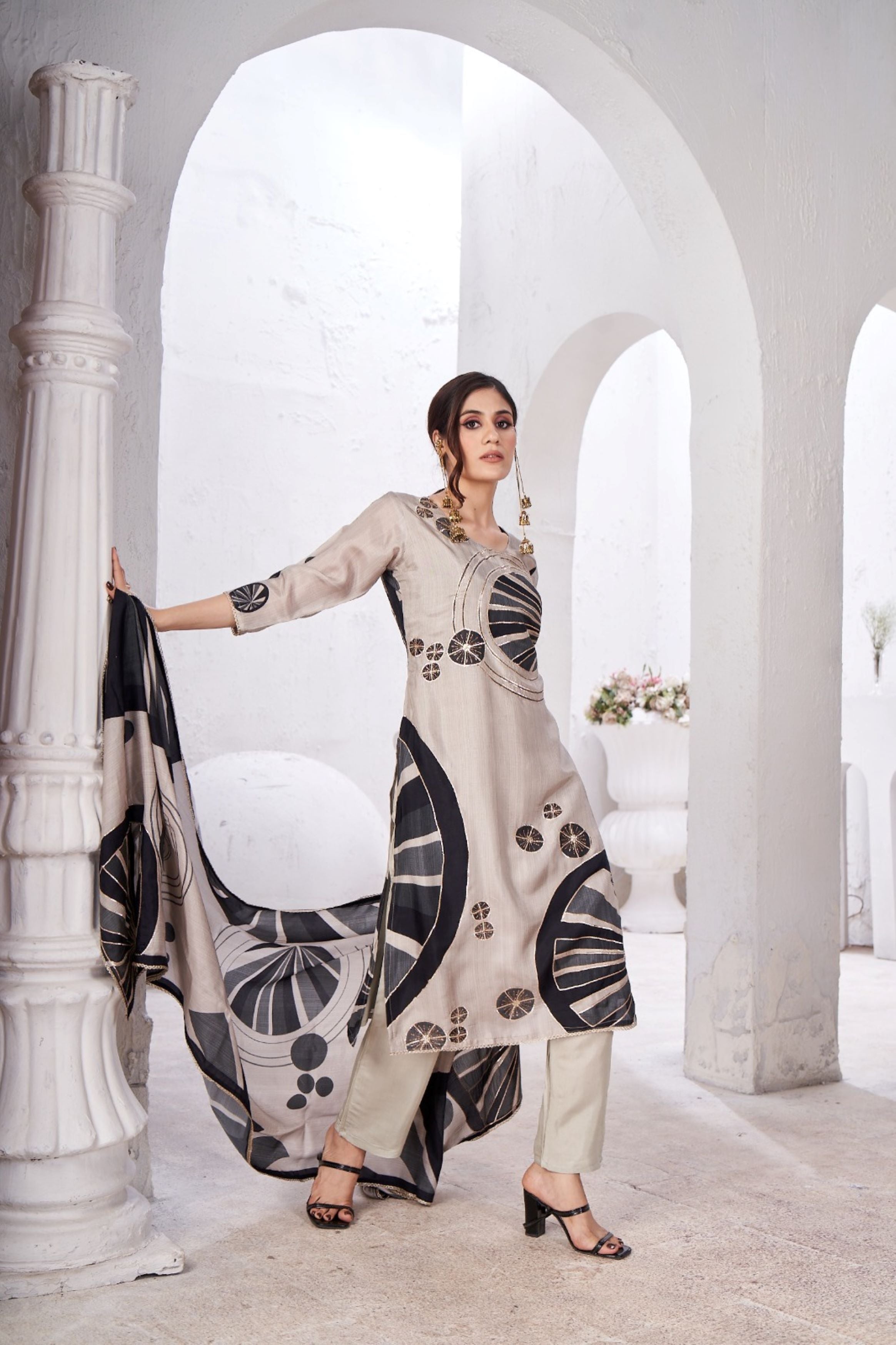 Classic Beige Printed Crepe Silk Kurta Pant Set