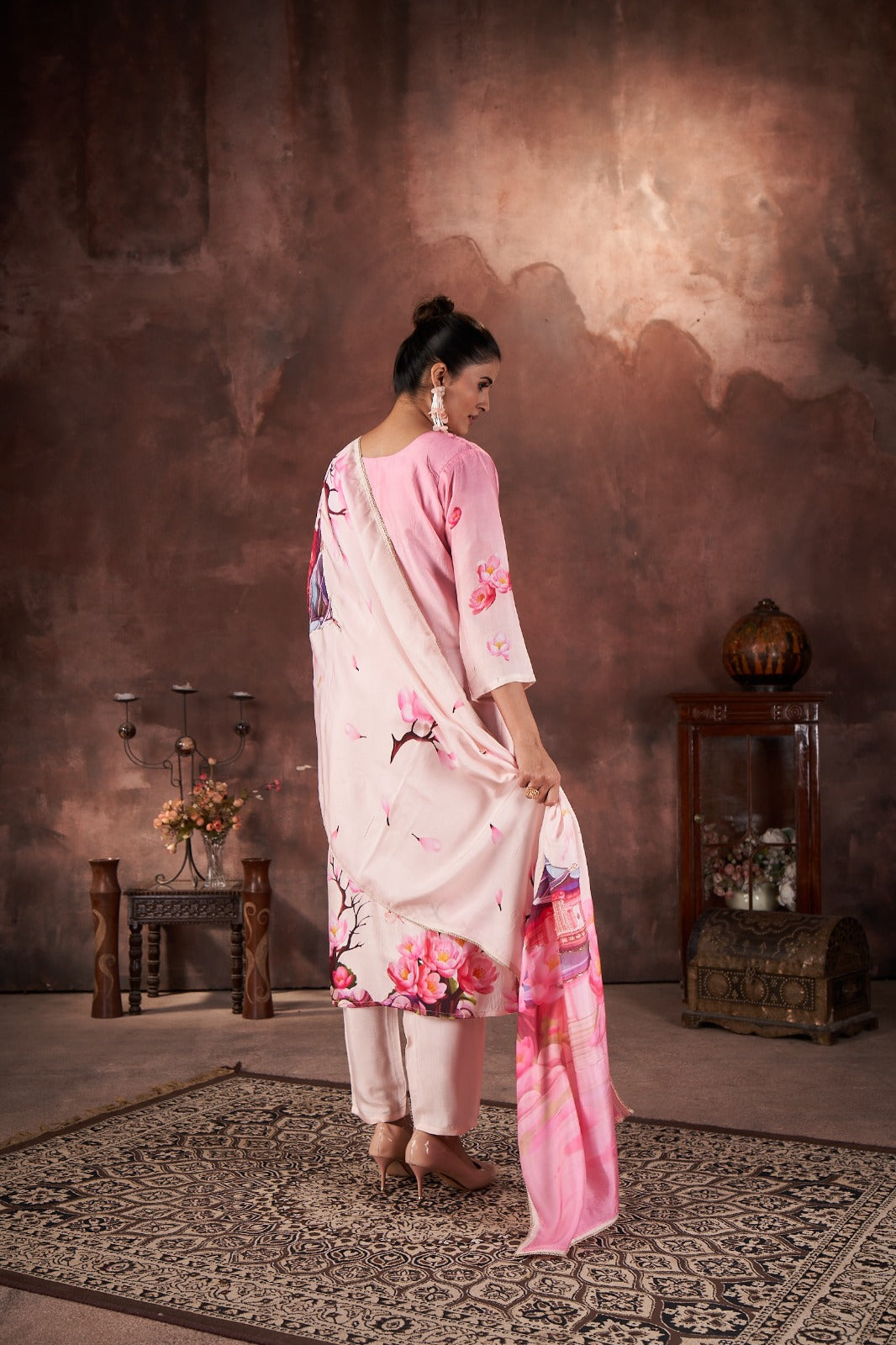 Blush Pink Printed Muslin Silk Kurta Pant Set