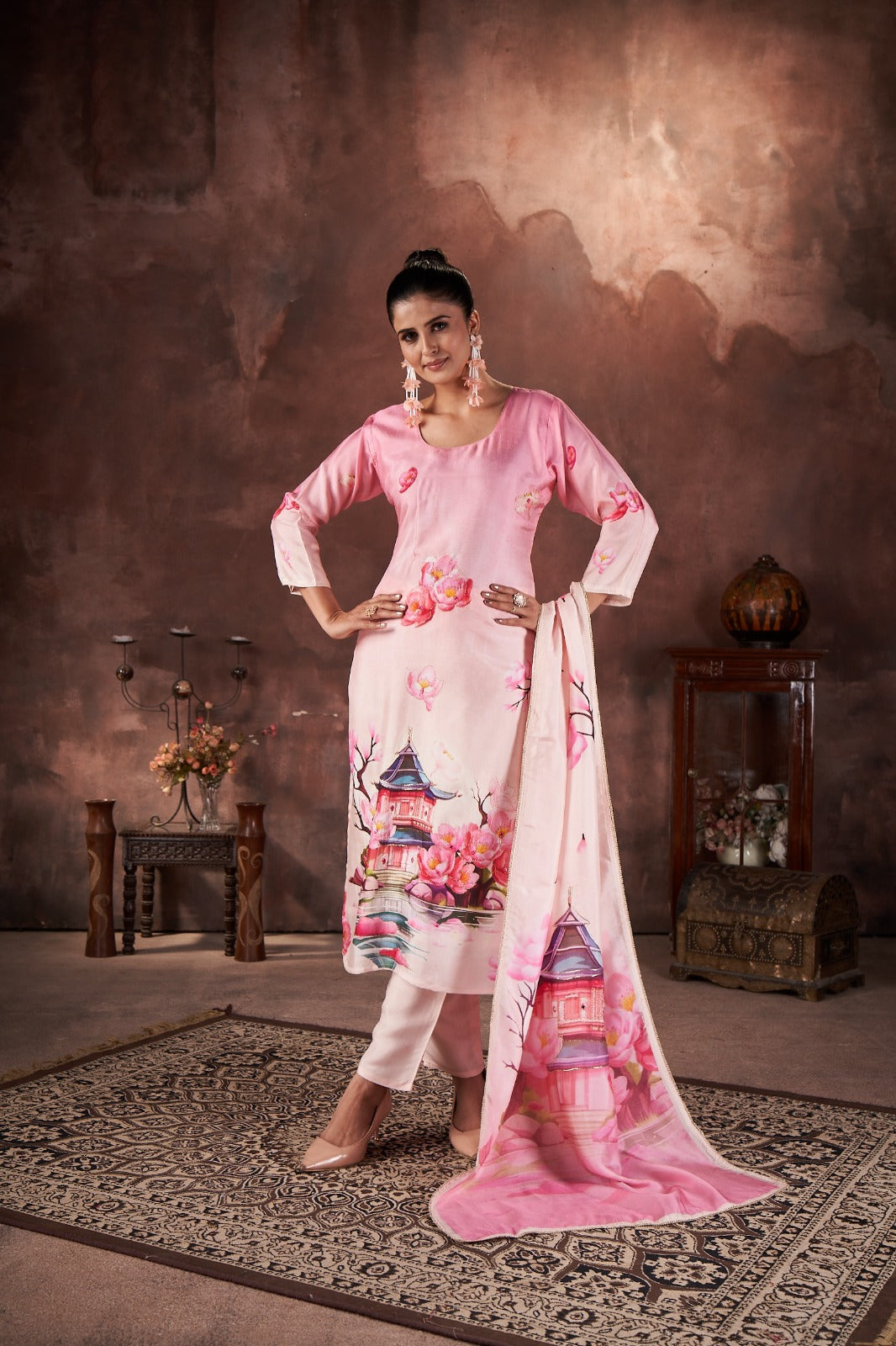 Blush Pink Printed Muslin Silk Kurta Pant Set