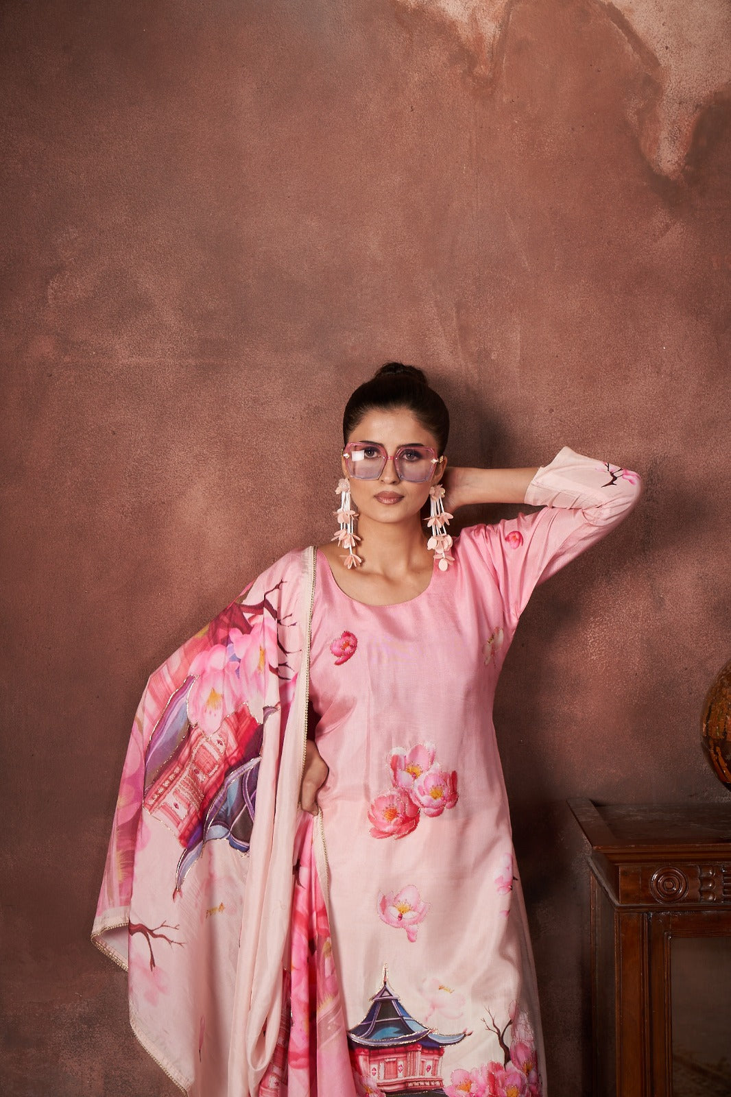 Blush Pink Printed Muslin Silk Kurta Pant Set