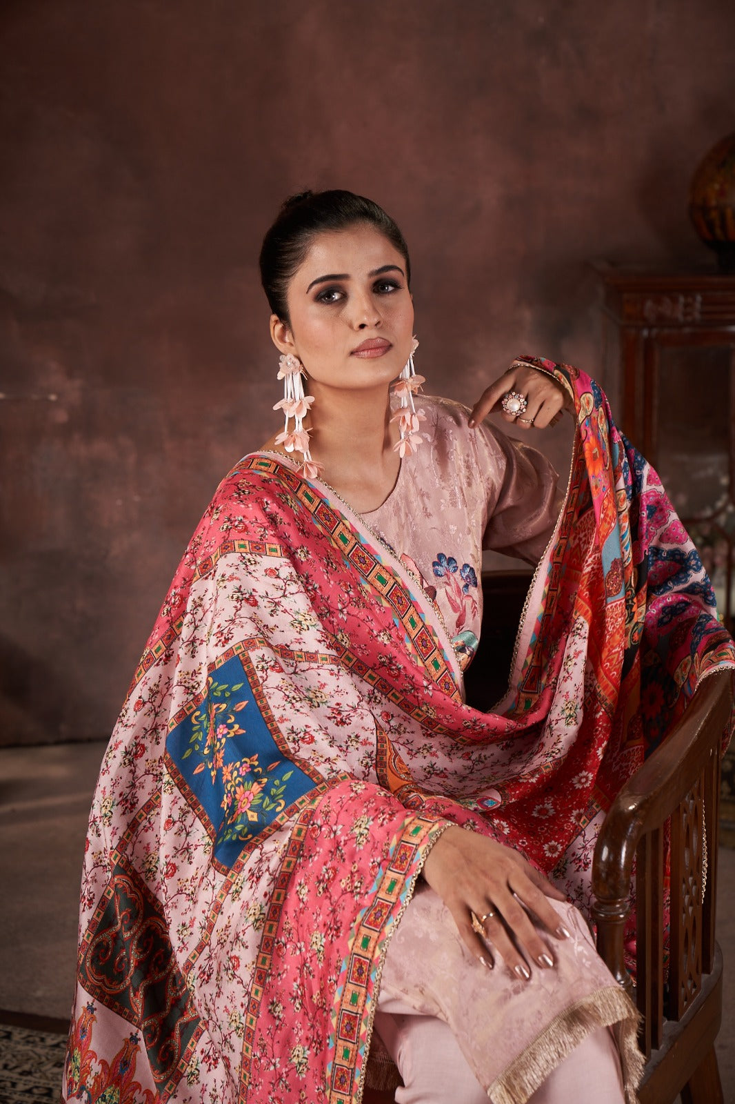 Classic Pink Printed Tissue Silk Kurta Pant Set