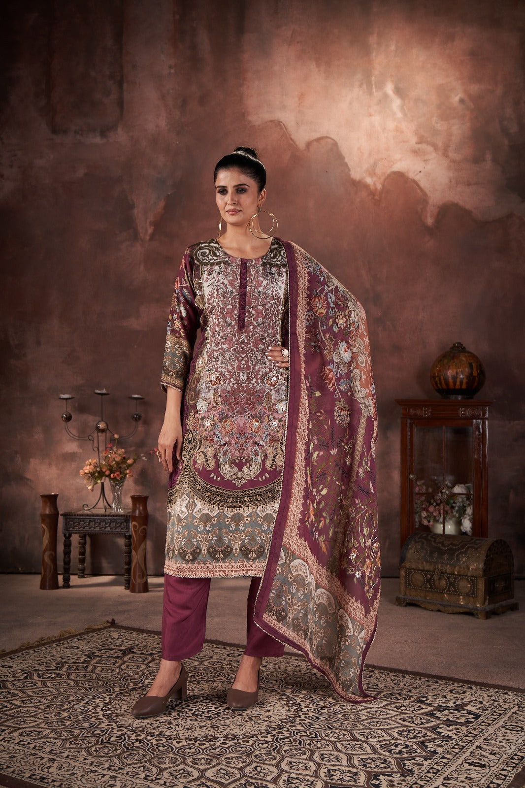 Dark Mauve Digital Printed Muslin Silk Kurta Pant Set