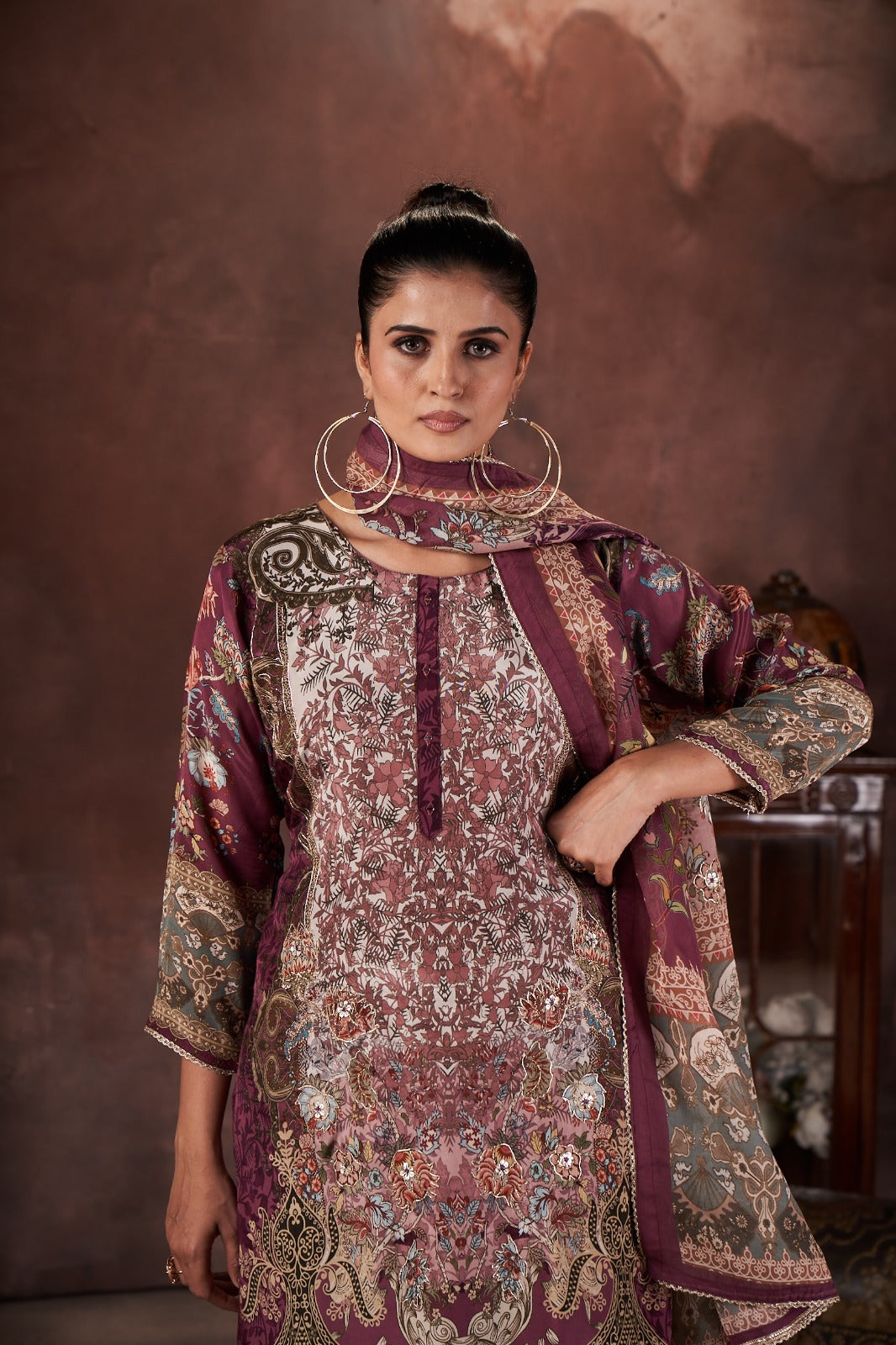 Dark Mauve Digital Printed Muslin Silk Kurta Pant Set