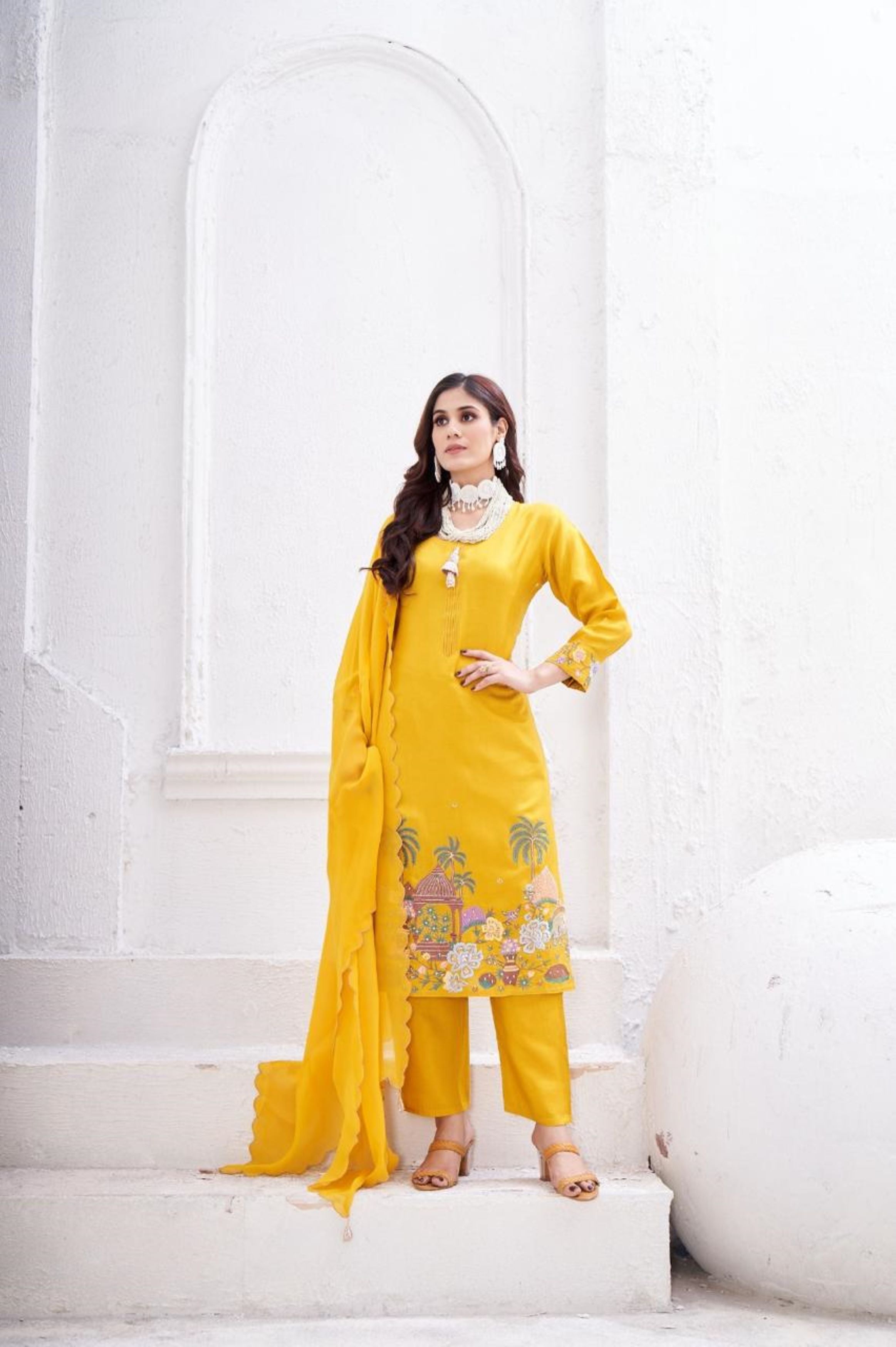 Bright Yellow Embellished Glass Tissue Organza Kurta Pant Set