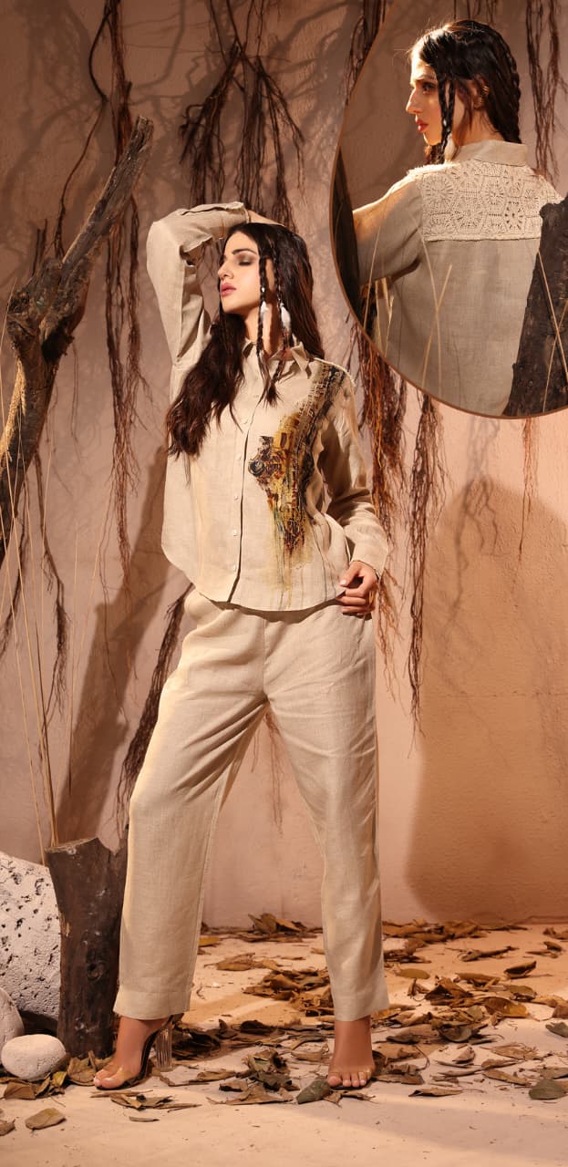 Tan Printed Organic Linen Co-Ord Set