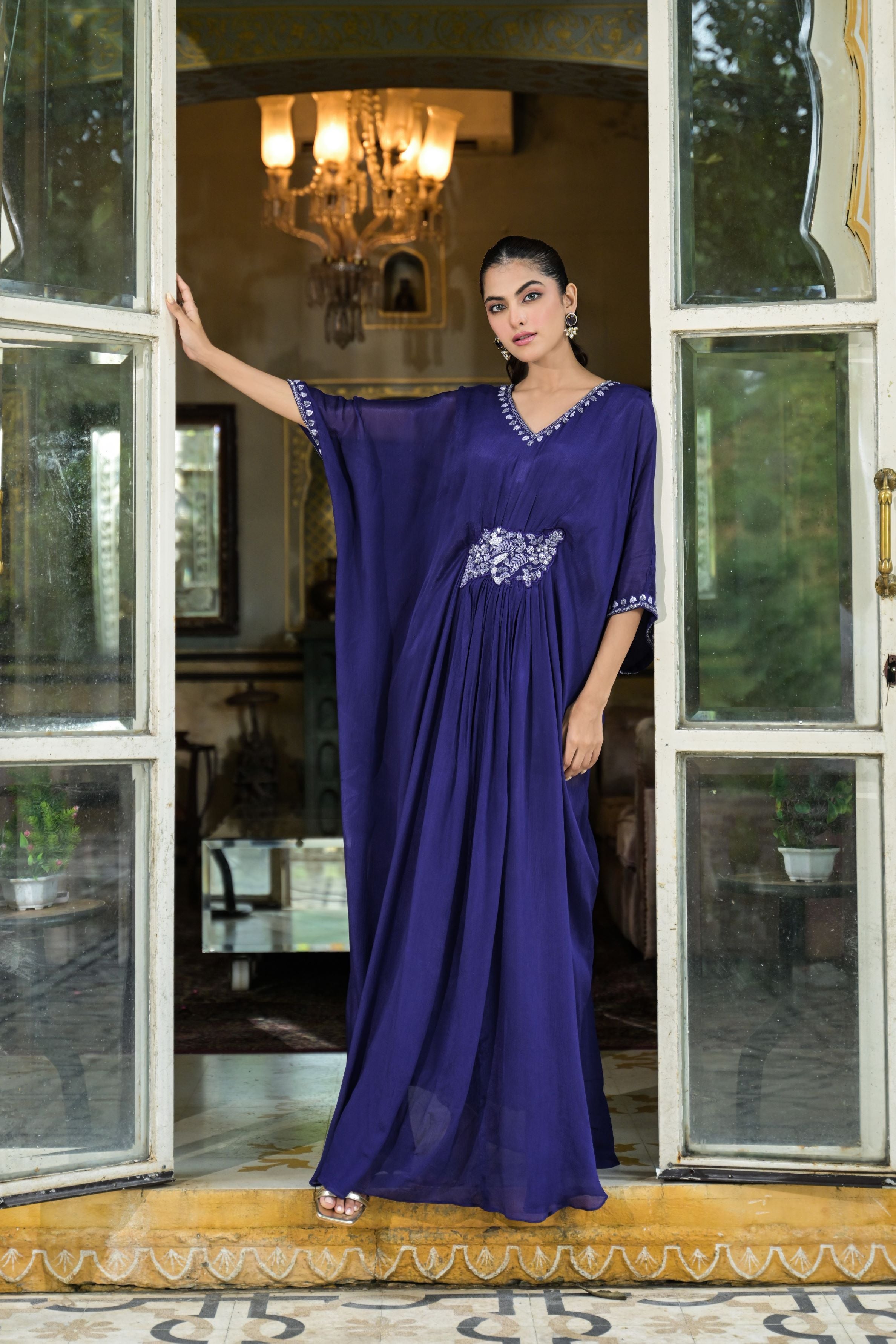 Purple Embellished Vama Georgette Silk Kaftan Dress