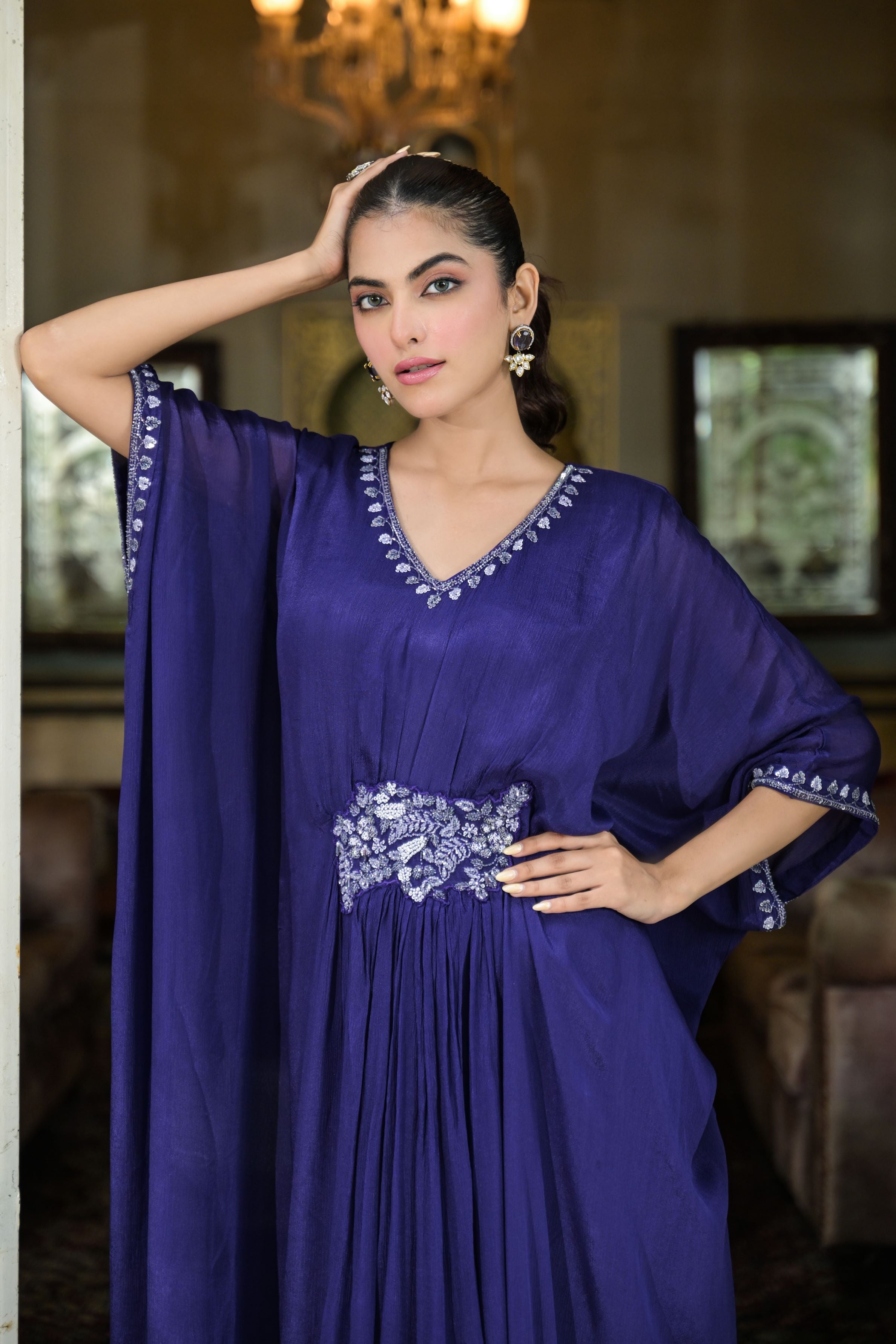 Purple Embellished Vama Georgette Silk Kaftan Dress