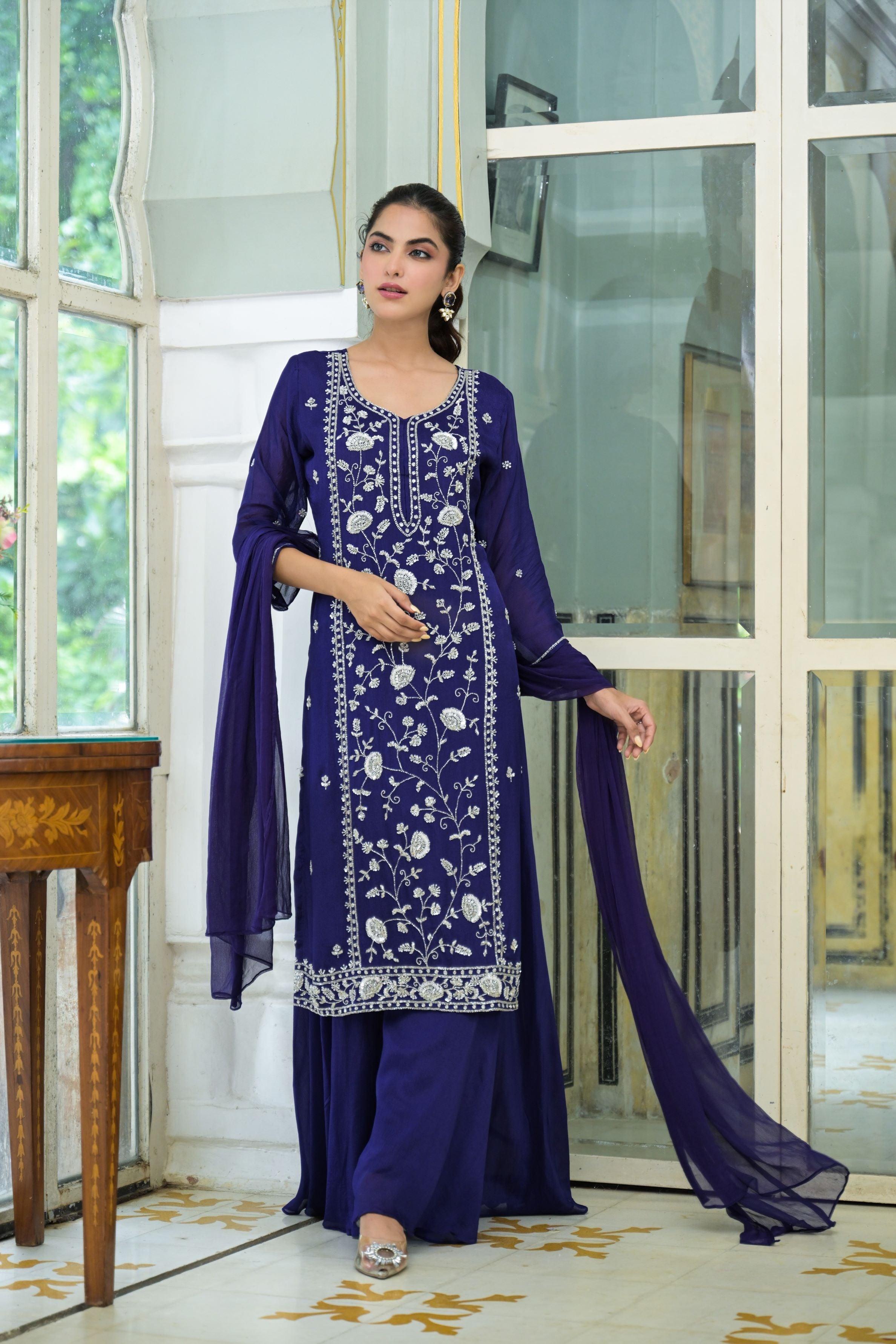 Purple Embellished Chinon Silk Palazzo Set