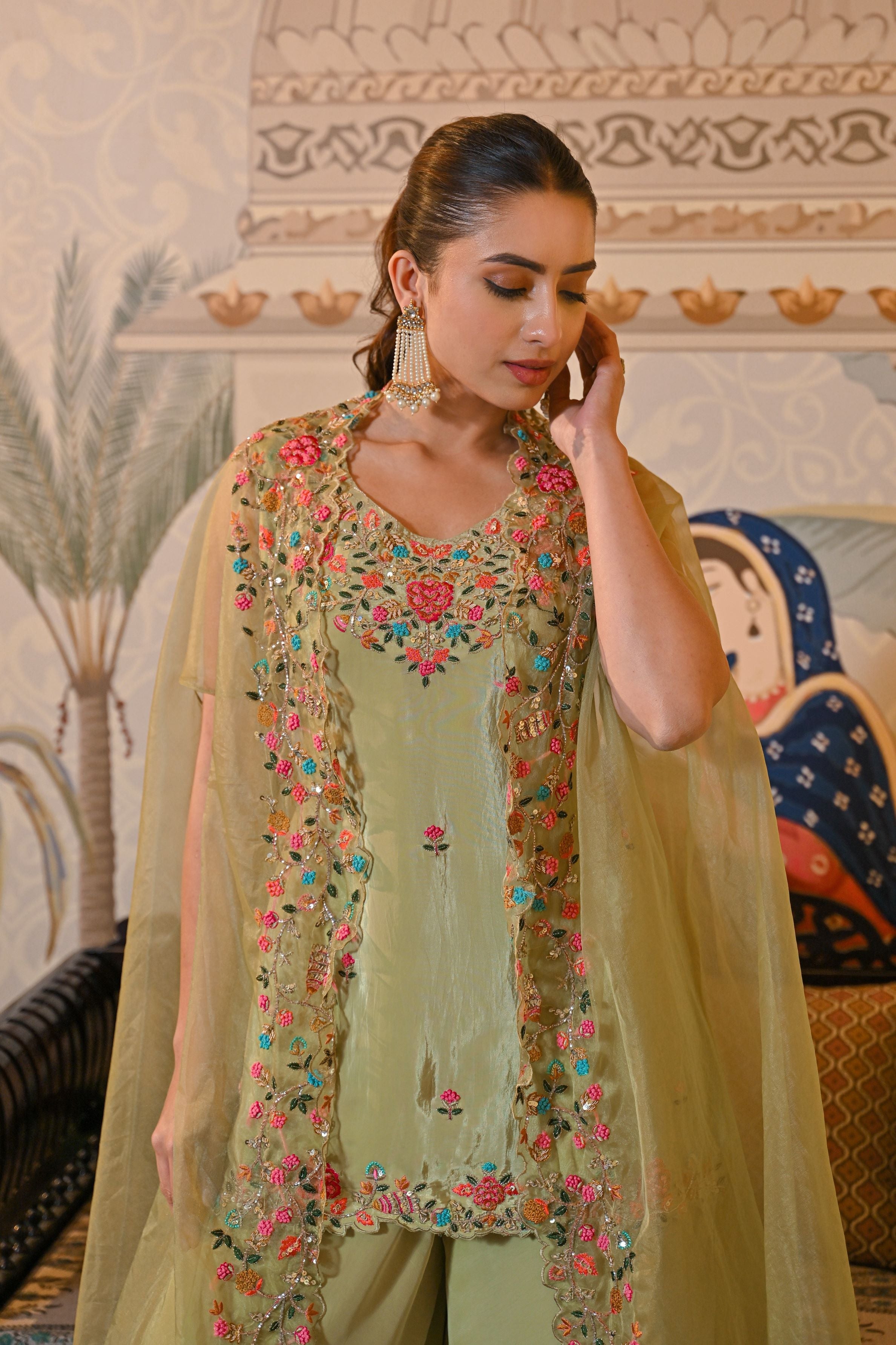 Green Embroidered Crepe Silk Cape Palazzo Set