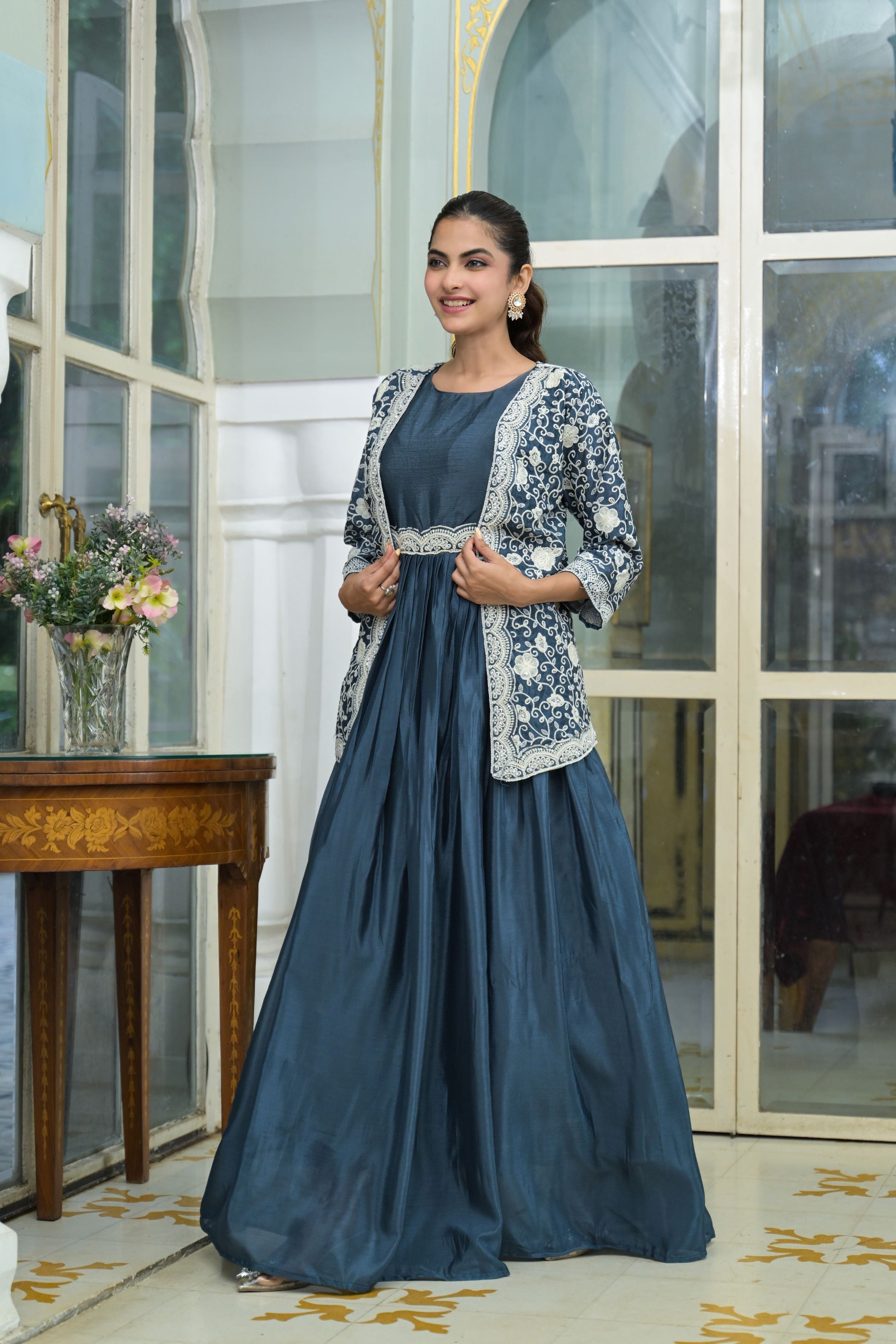 Stone Blue Embroidered Italian Silk Jacket Gown