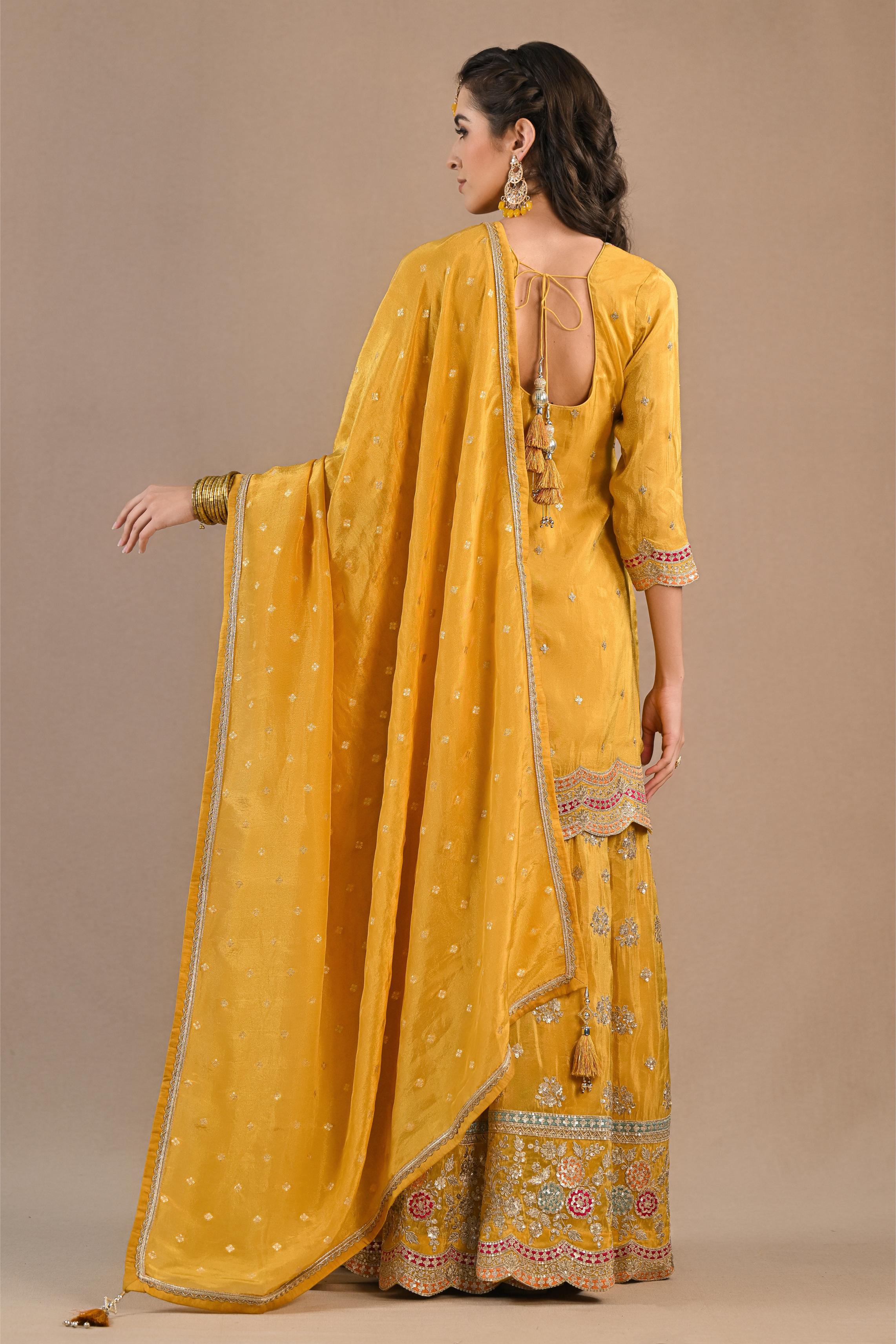 Bright Yellow Embellished Shimmer Tissue Silk Palazzo Set