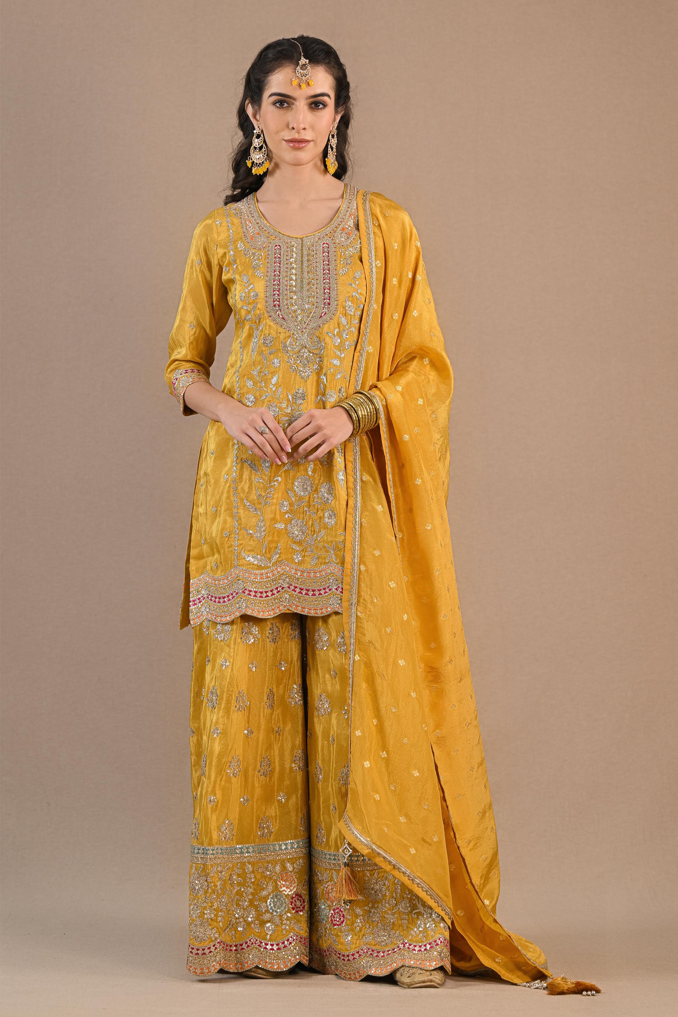 Bright Yellow Embellished Shimmer Tissue Silk Palazzo Set