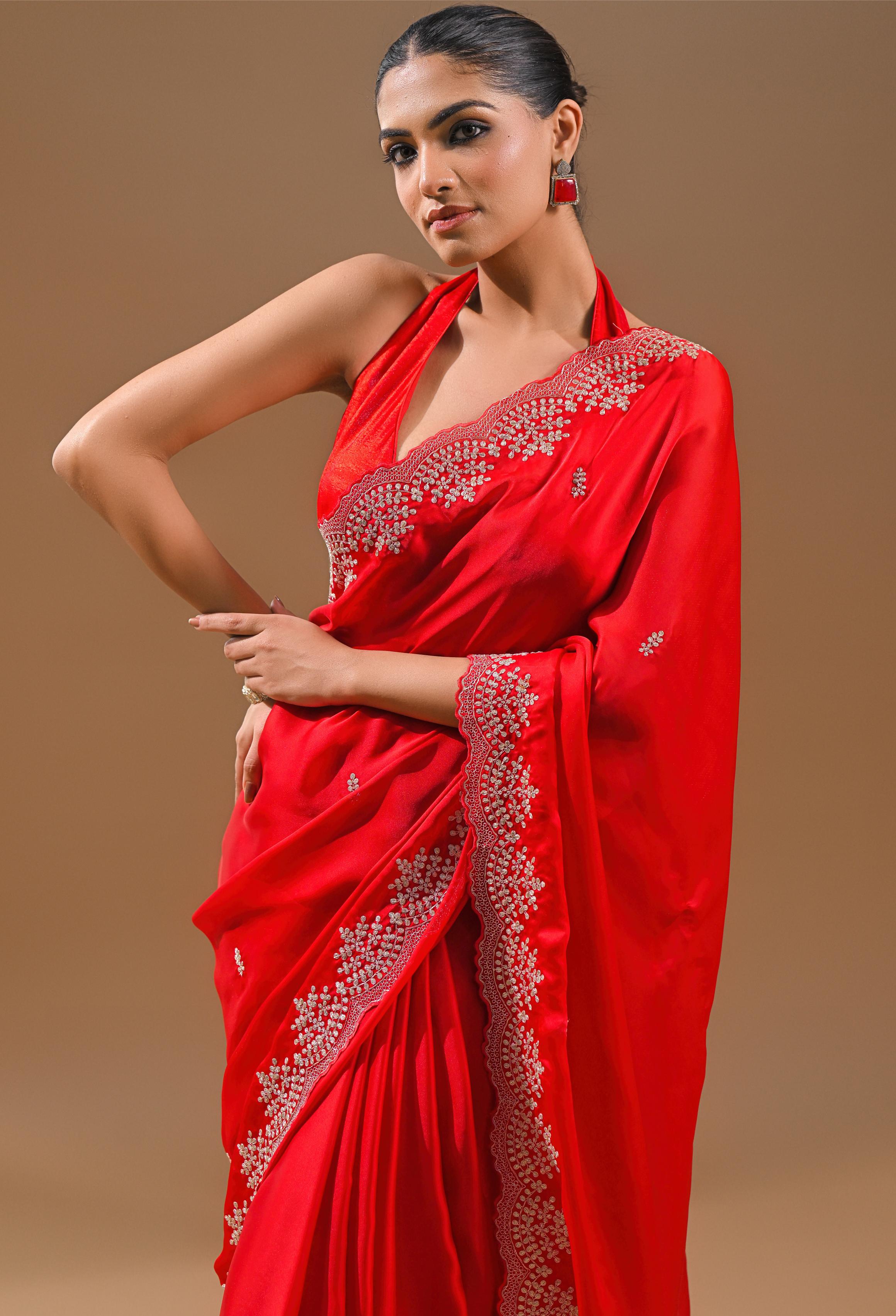 Hot Red Embellished Butter Silk Saree
