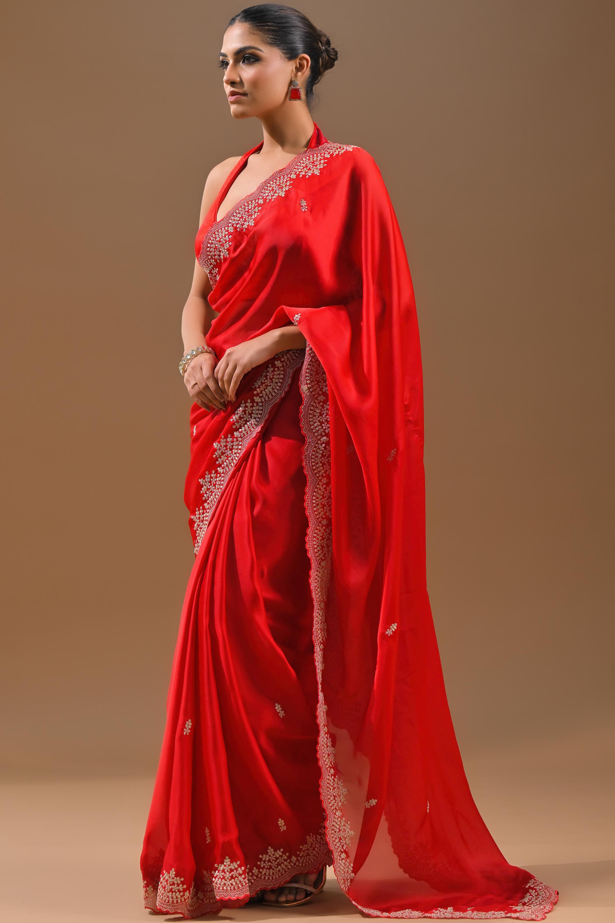 Hot Red Embellished Butter Silk Saree