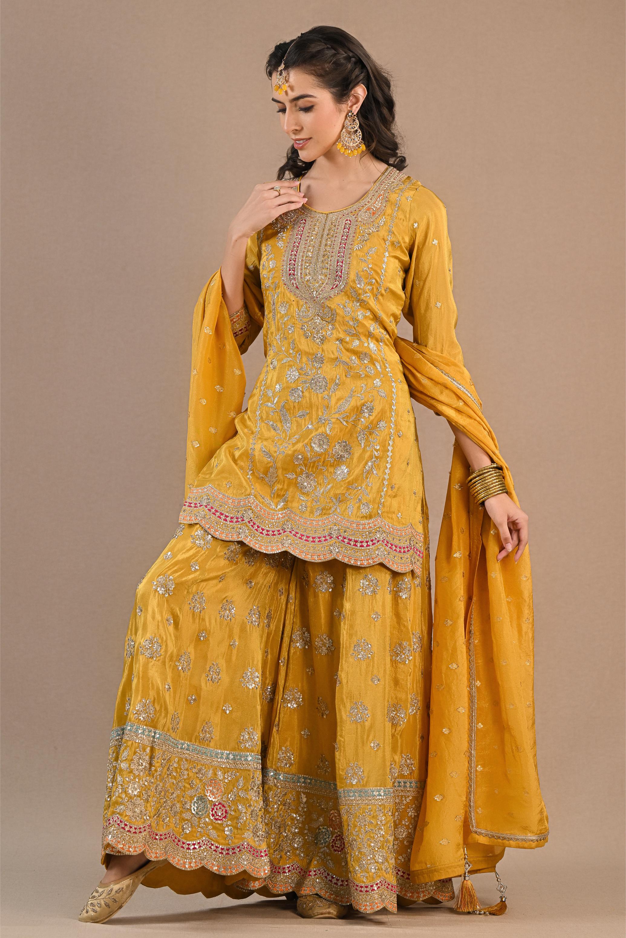 Bright Yellow Embellished Shimmer Tissue Silk Palazzo Set