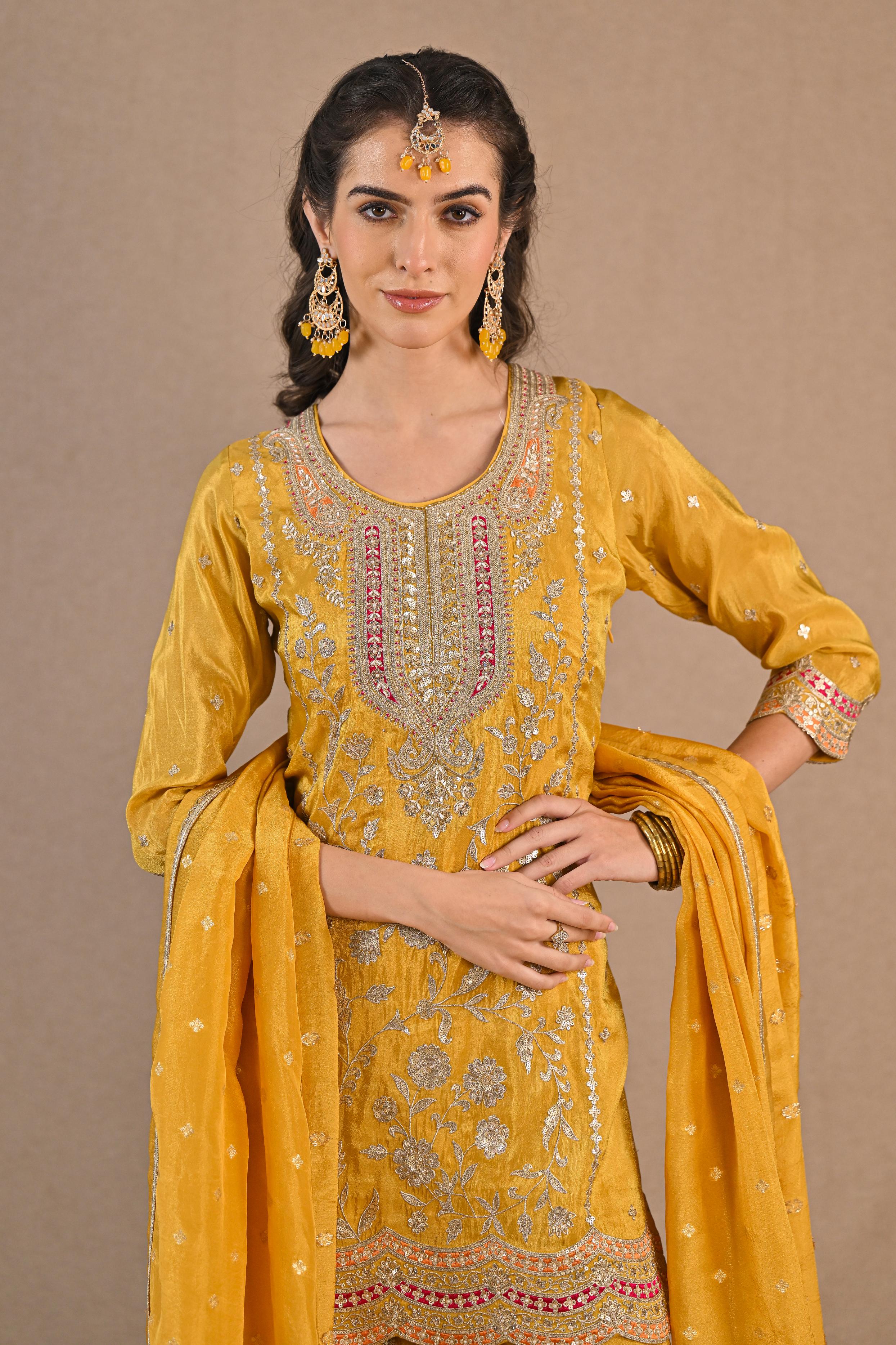 Bright Yellow Embellished Shimmer Tissue Silk Palazzo Set