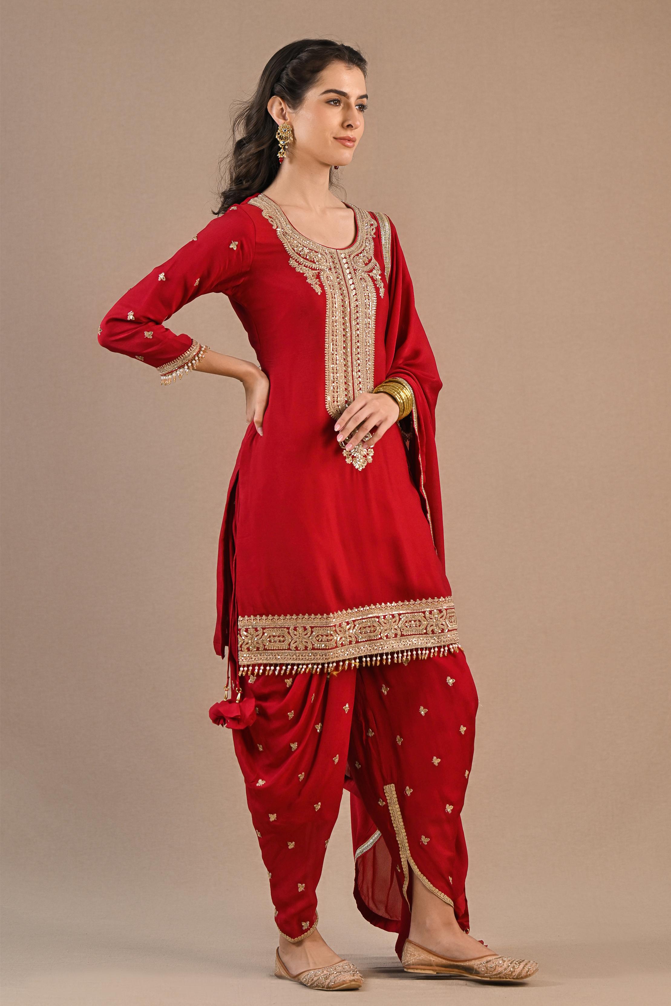 Red Embellished Chiffon Silk Dhoti Set