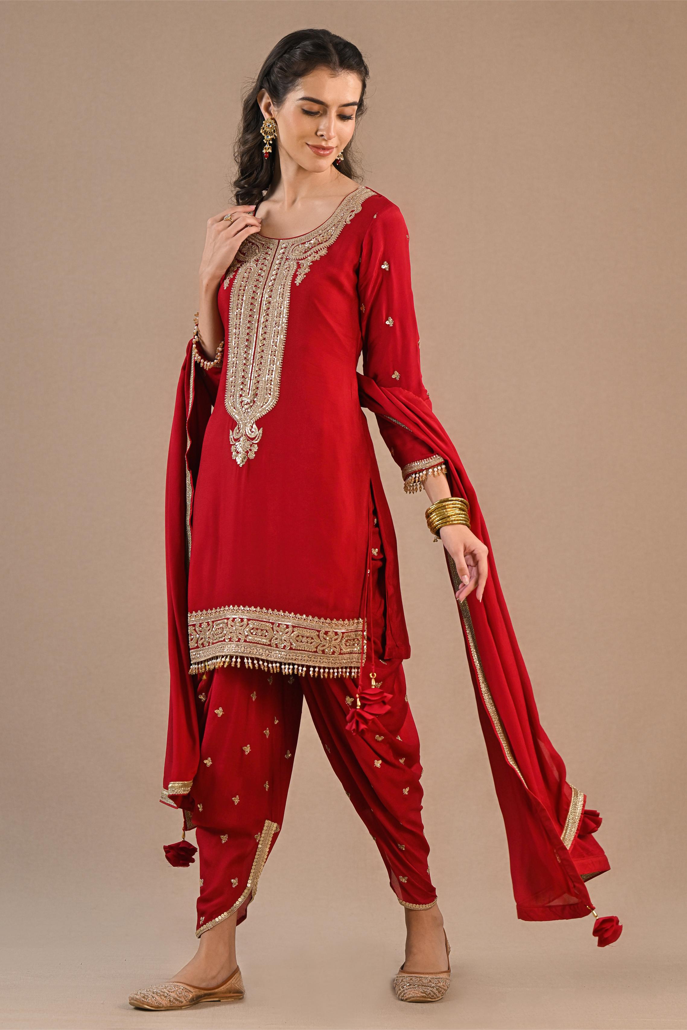 Red Embellished Chiffon Silk Dhoti Set