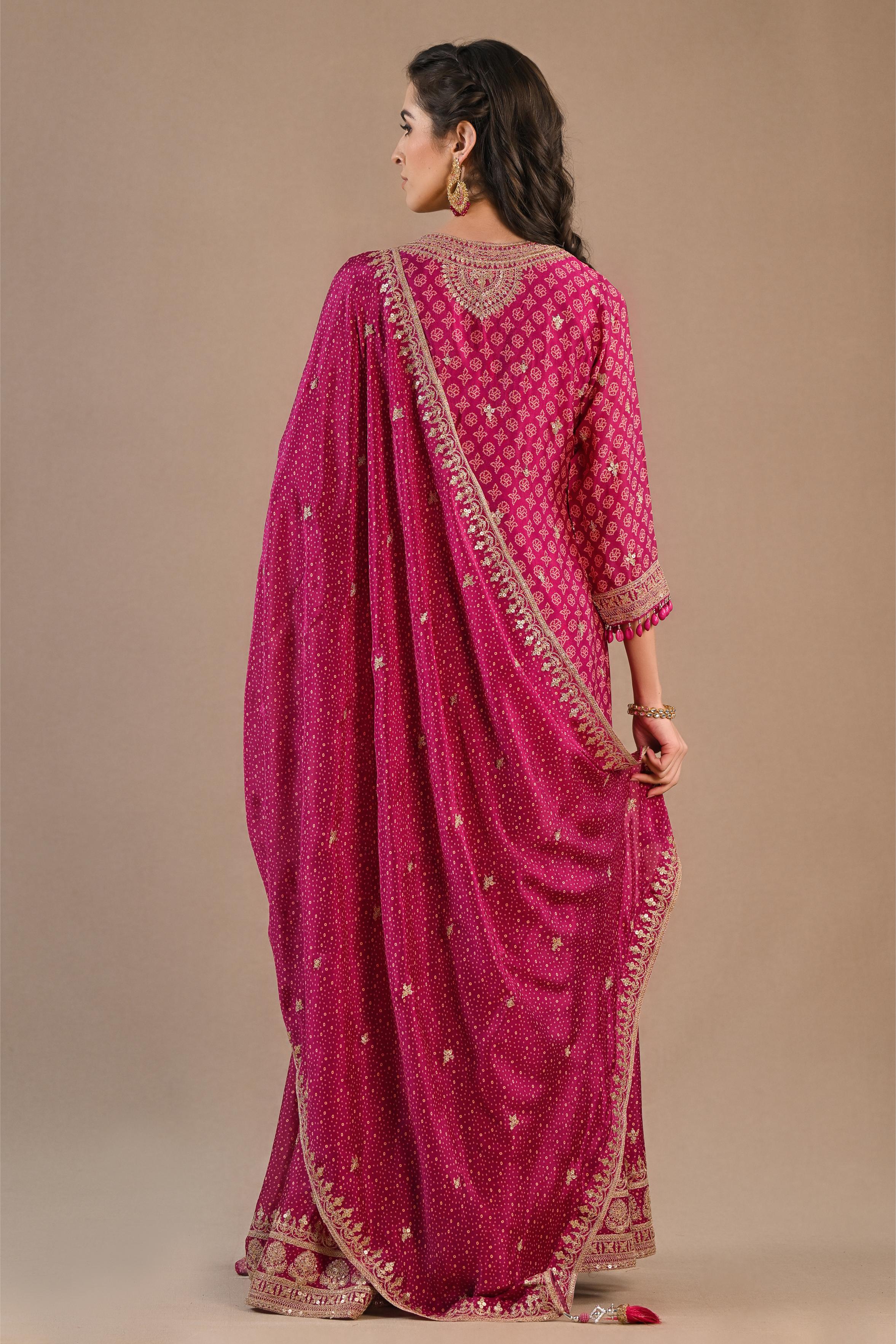 Deep Pink Bandhej Printed Premium Silk Palazzo Set