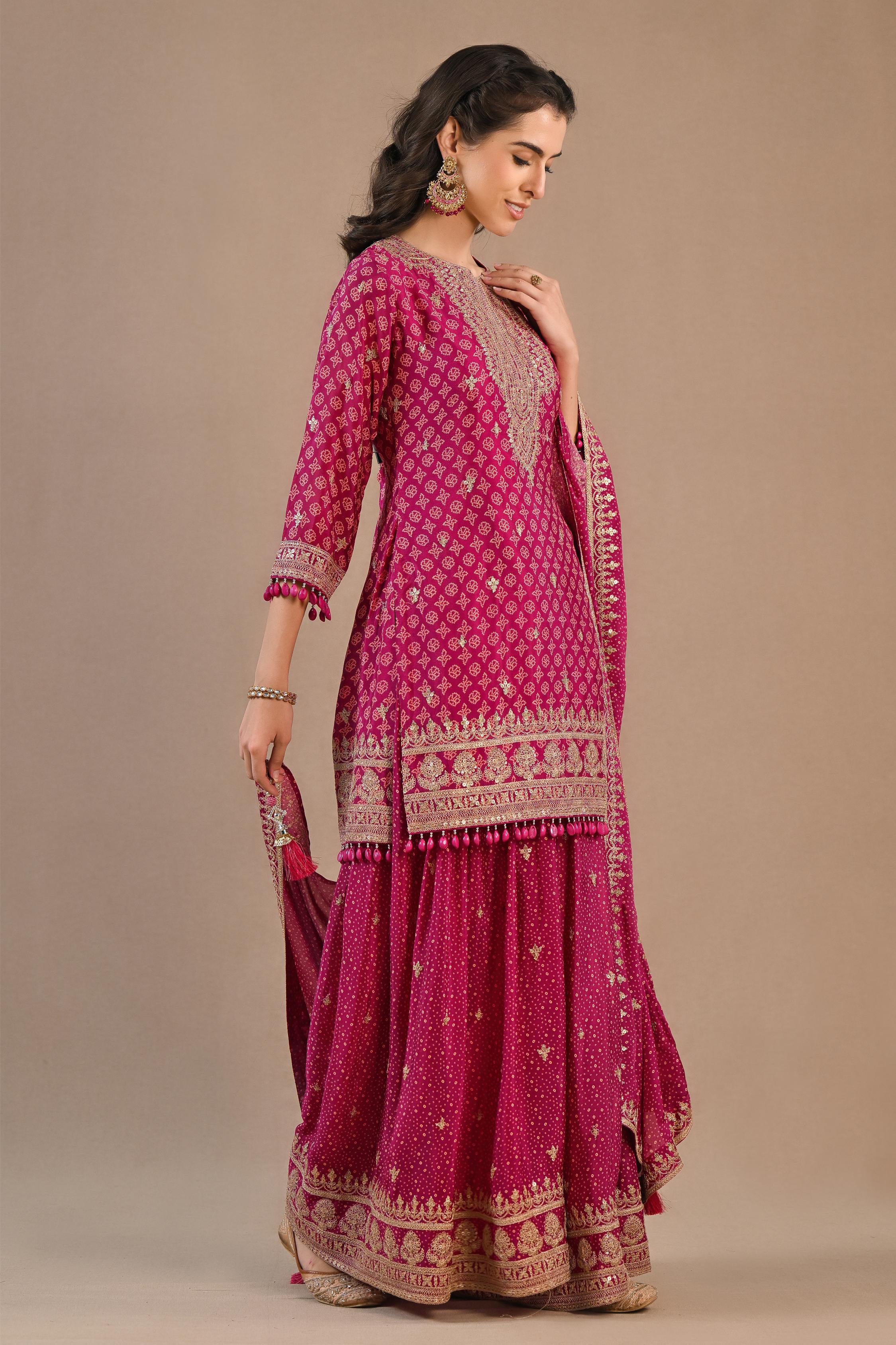 Deep Pink Bandhej Printed Premium Silk Palazzo Set