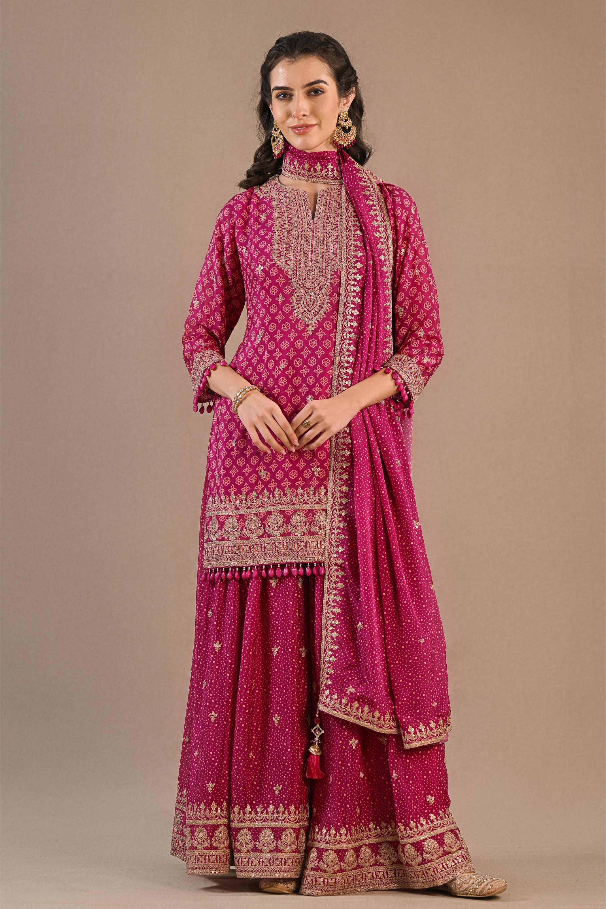 Deep Pink Bandhej Printed Premium Silk Palazzo Set