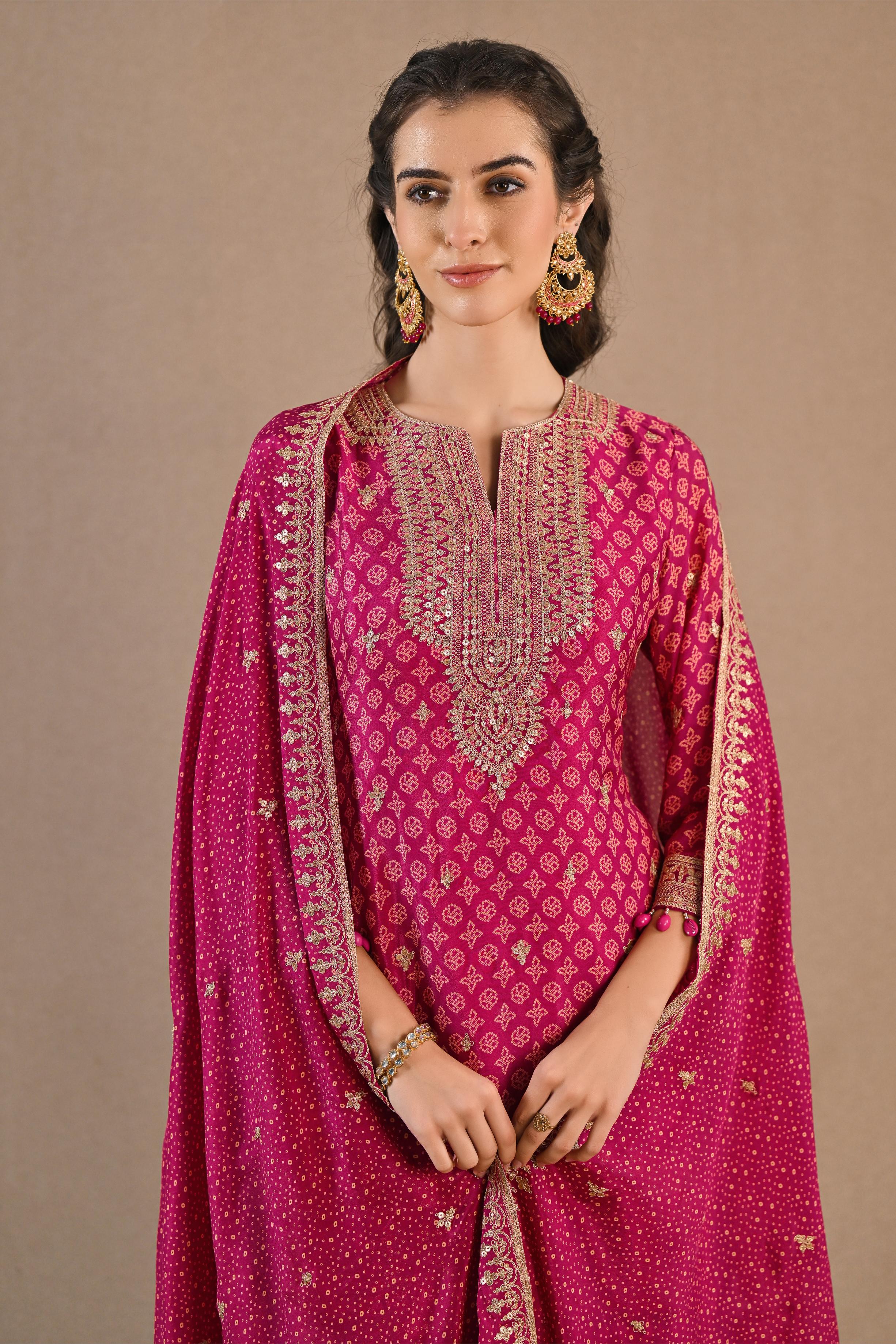 Deep Pink Bandhej Printed Premium Silk Palazzo Set