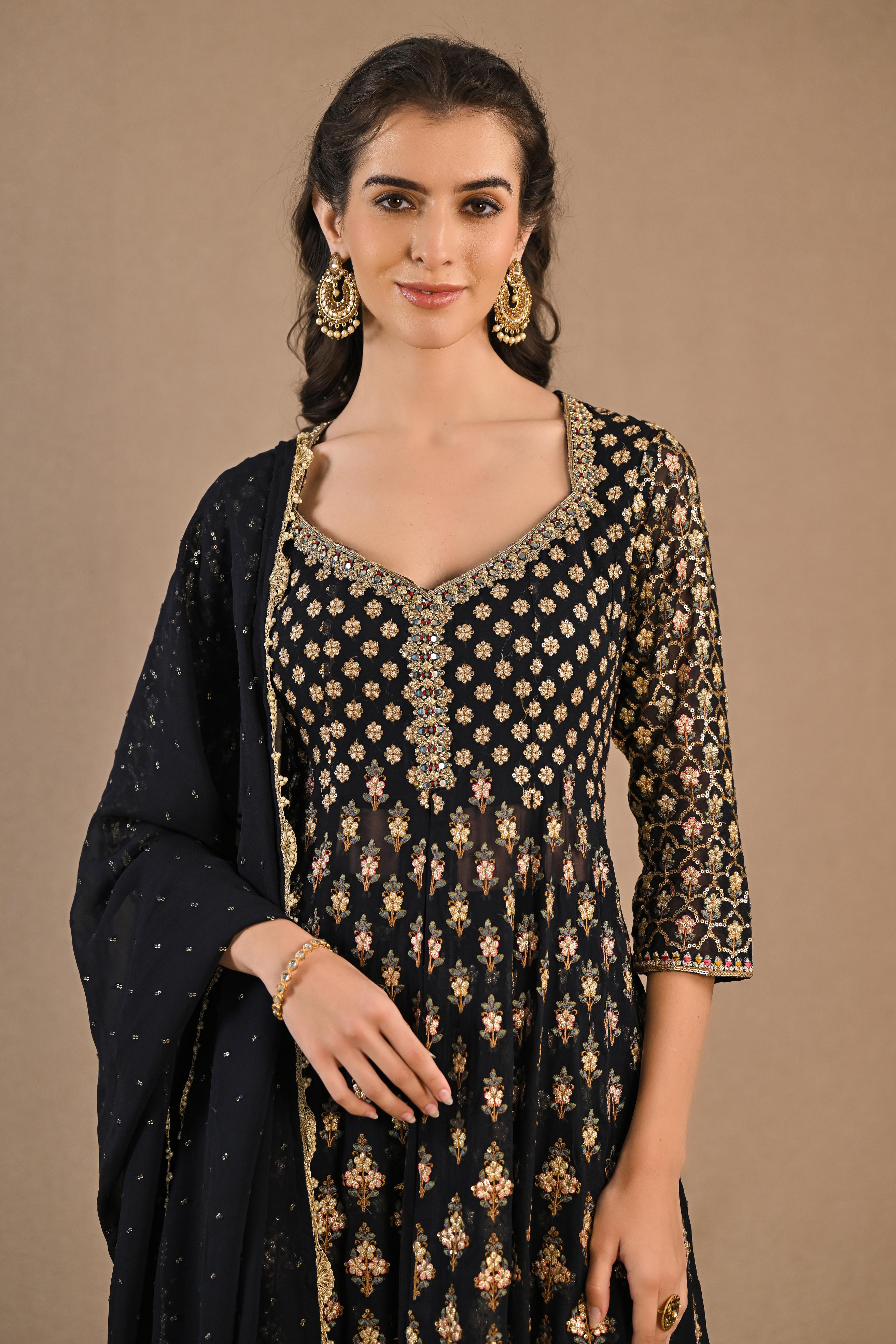 Deep Blue Embellished Georgette Silk Palazzo Set