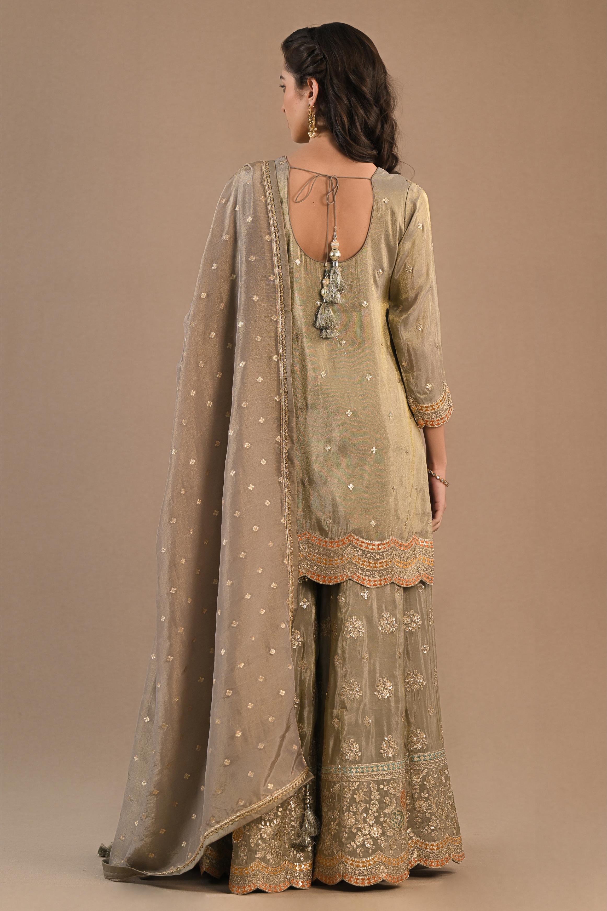 Nude Beige Embellished Shimmer Silk Palazzo Set