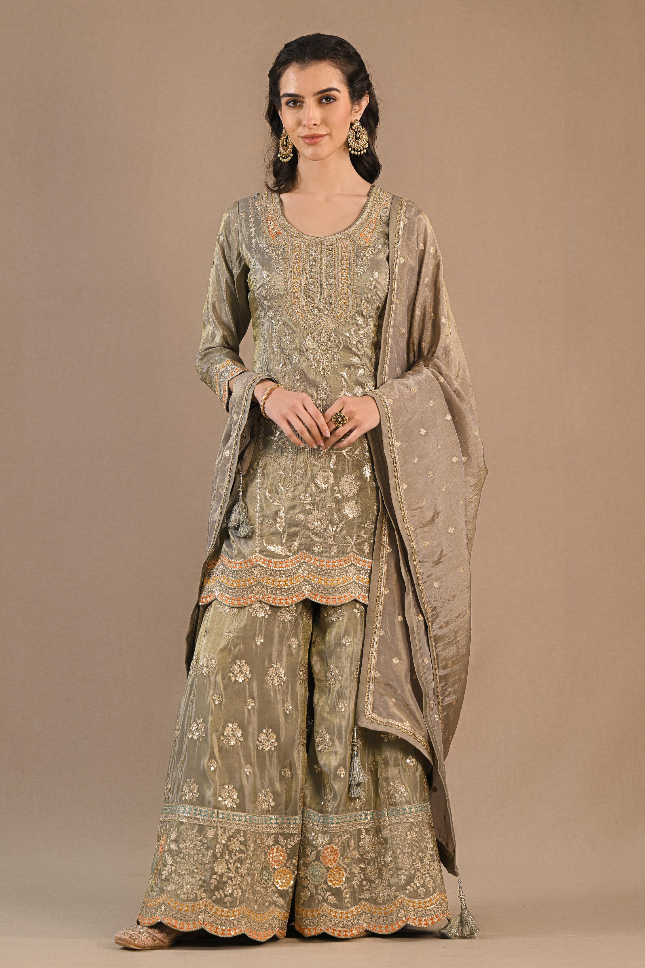 Nude Beige Embellished Shimmer Silk Palazzo Set