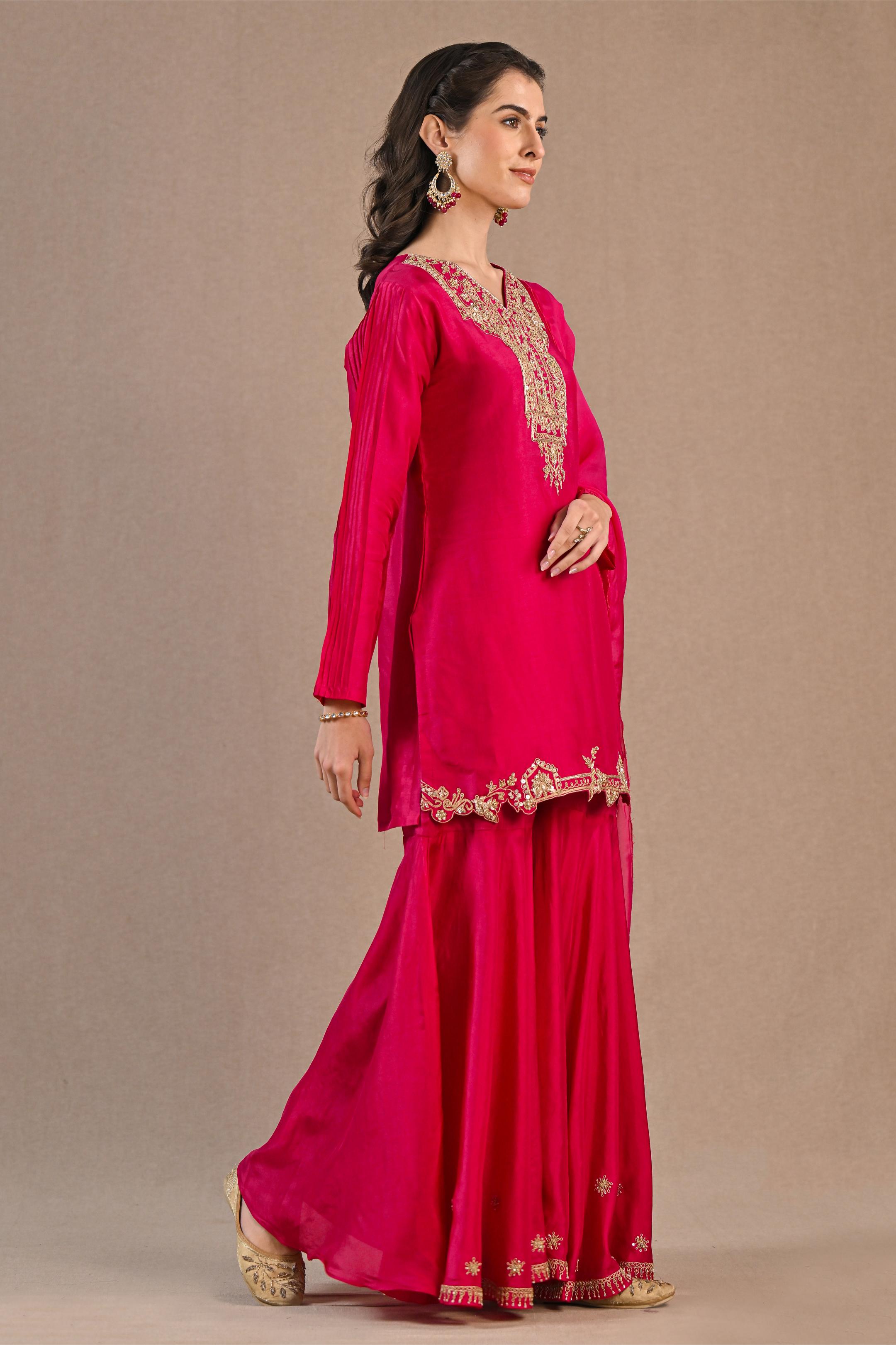 Rani Pink Embroidered Raw Silk Sharara Set