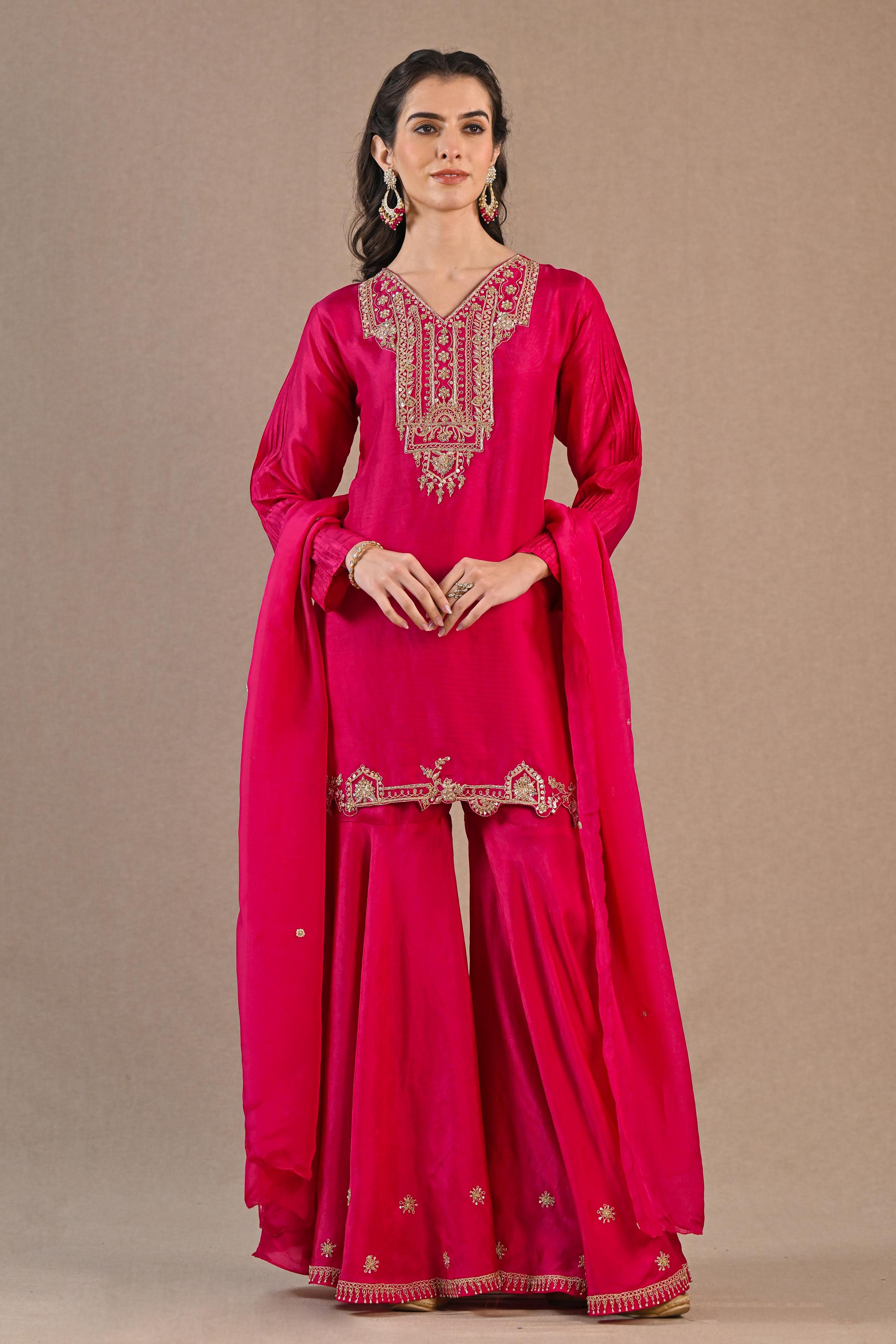 Rani Pink Embroidered Raw Silk Sharara Set