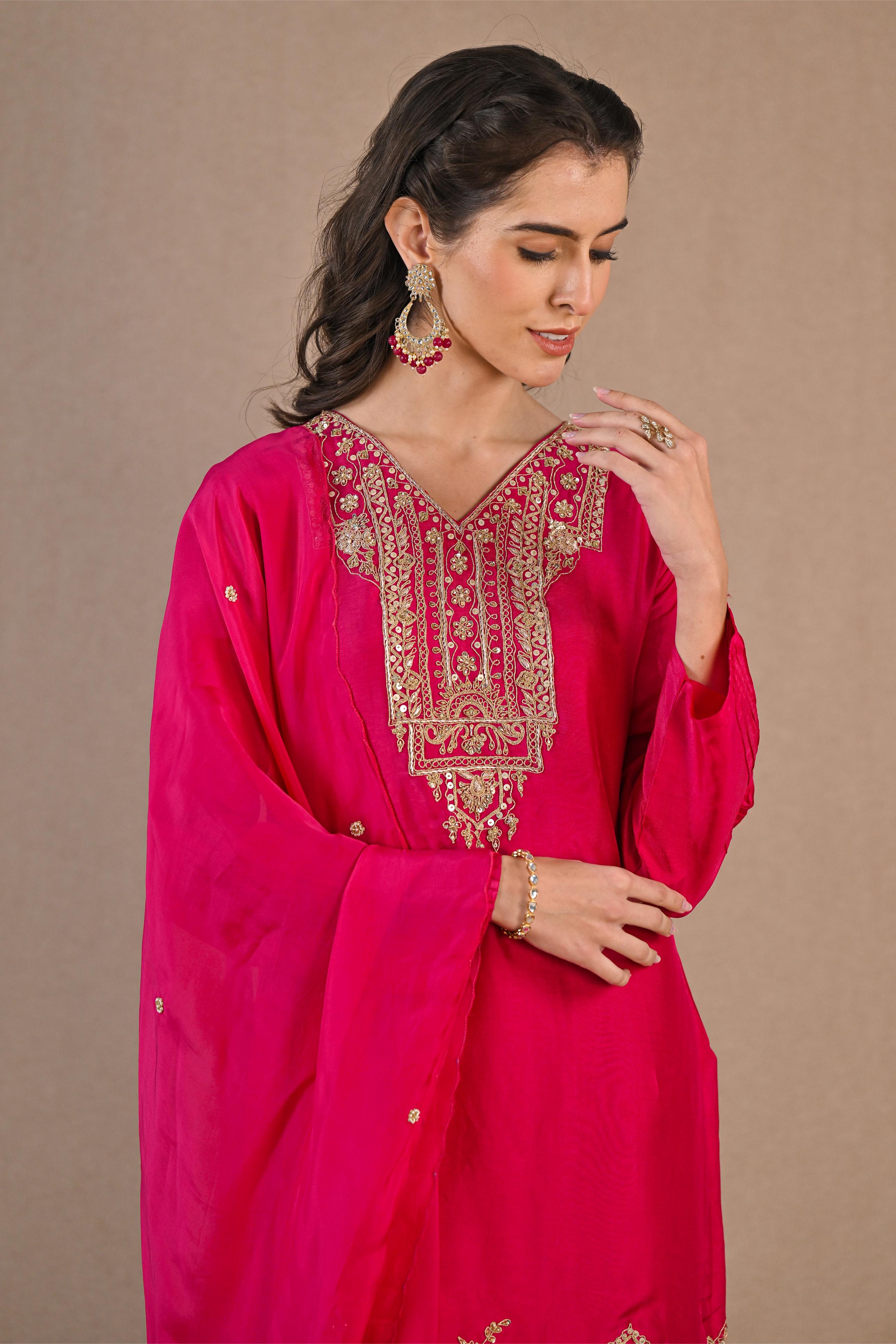 Rani Pink Embroidered Raw Silk Sharara Set