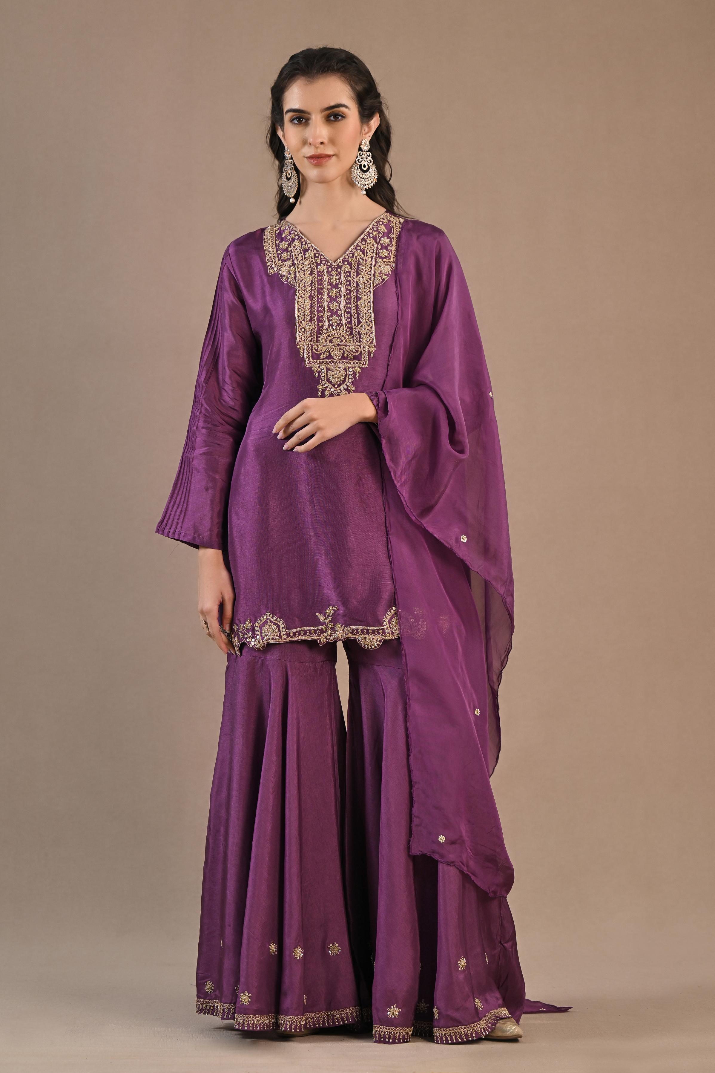 Pale Ruby Embroidered Raw Silk Sharara Set