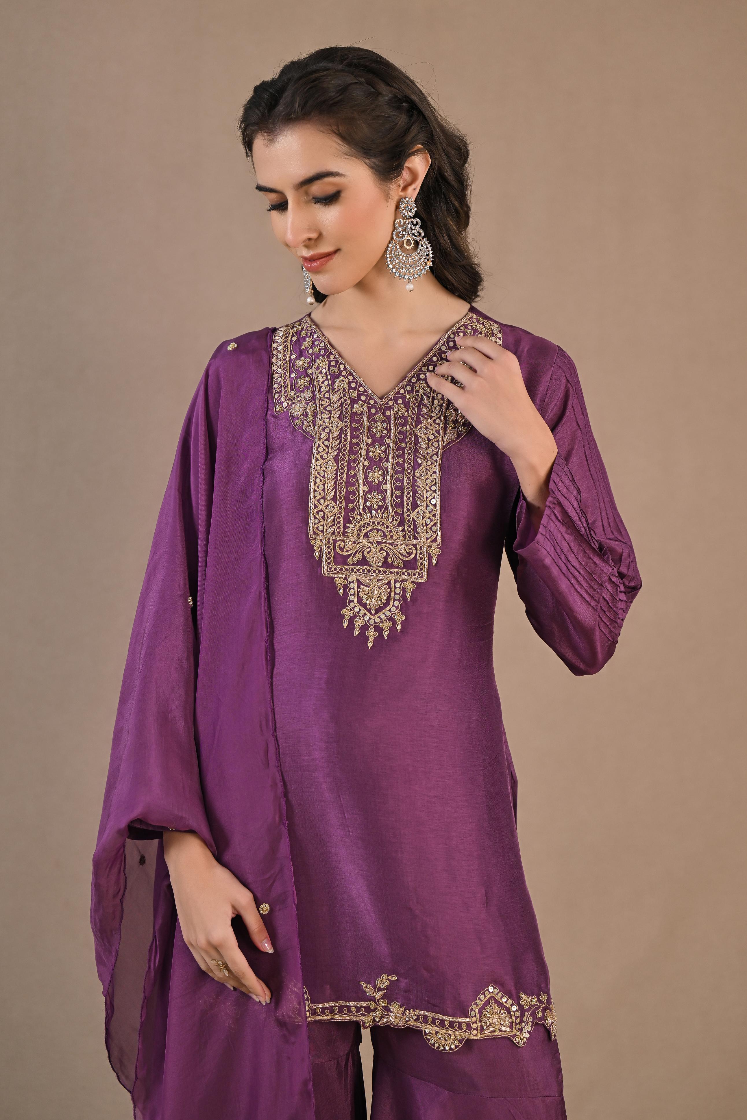 Pale Ruby Embroidered Raw Silk Sharara Set