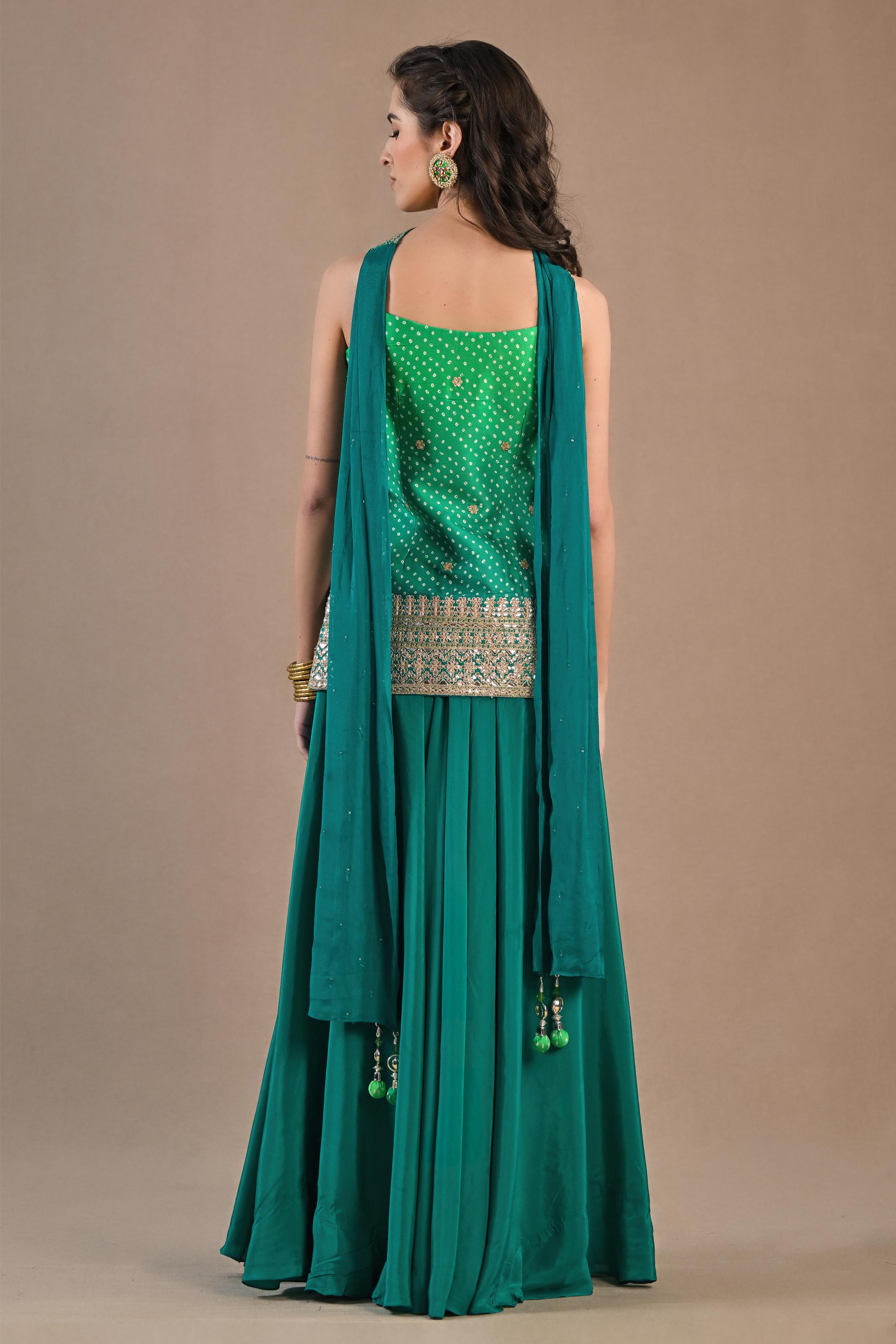 Sea-Green Bandhej Printed Crepe Silk Palazzo Set