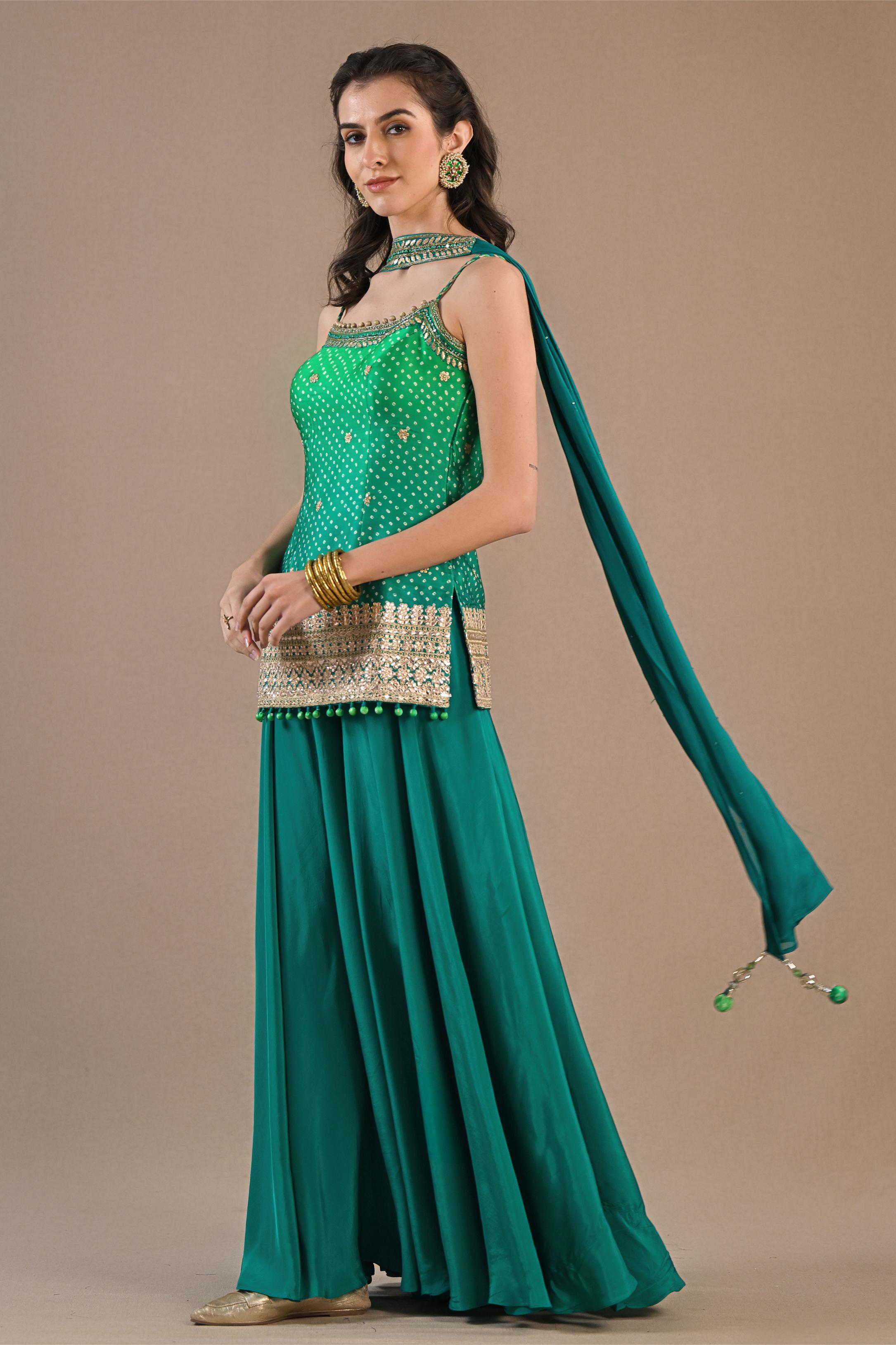 Sea-Green Bandhej Printed Crepe Silk Palazzo Set