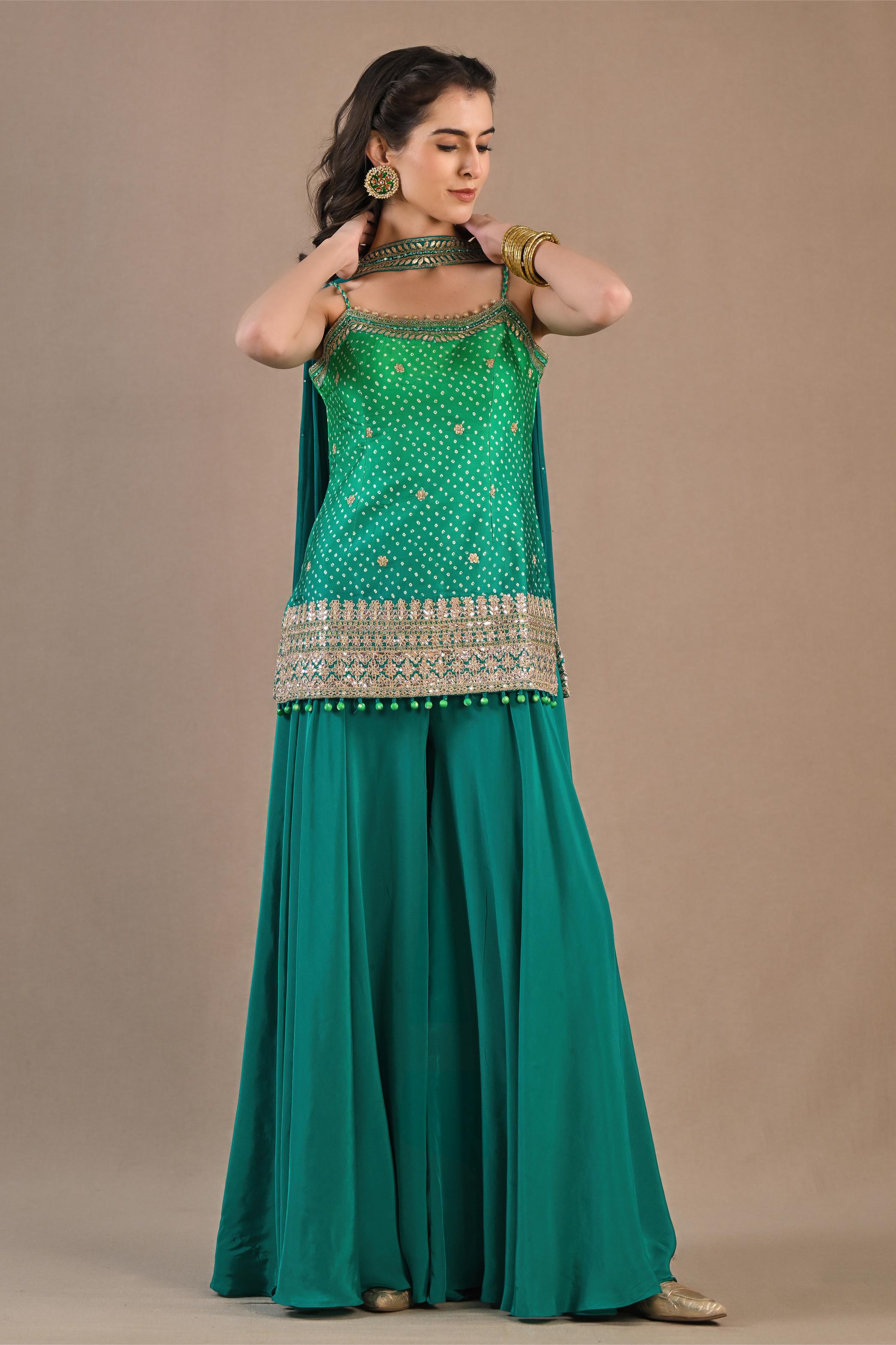 Sea-Green Bandhej Printed Crepe Silk Palazzo Set