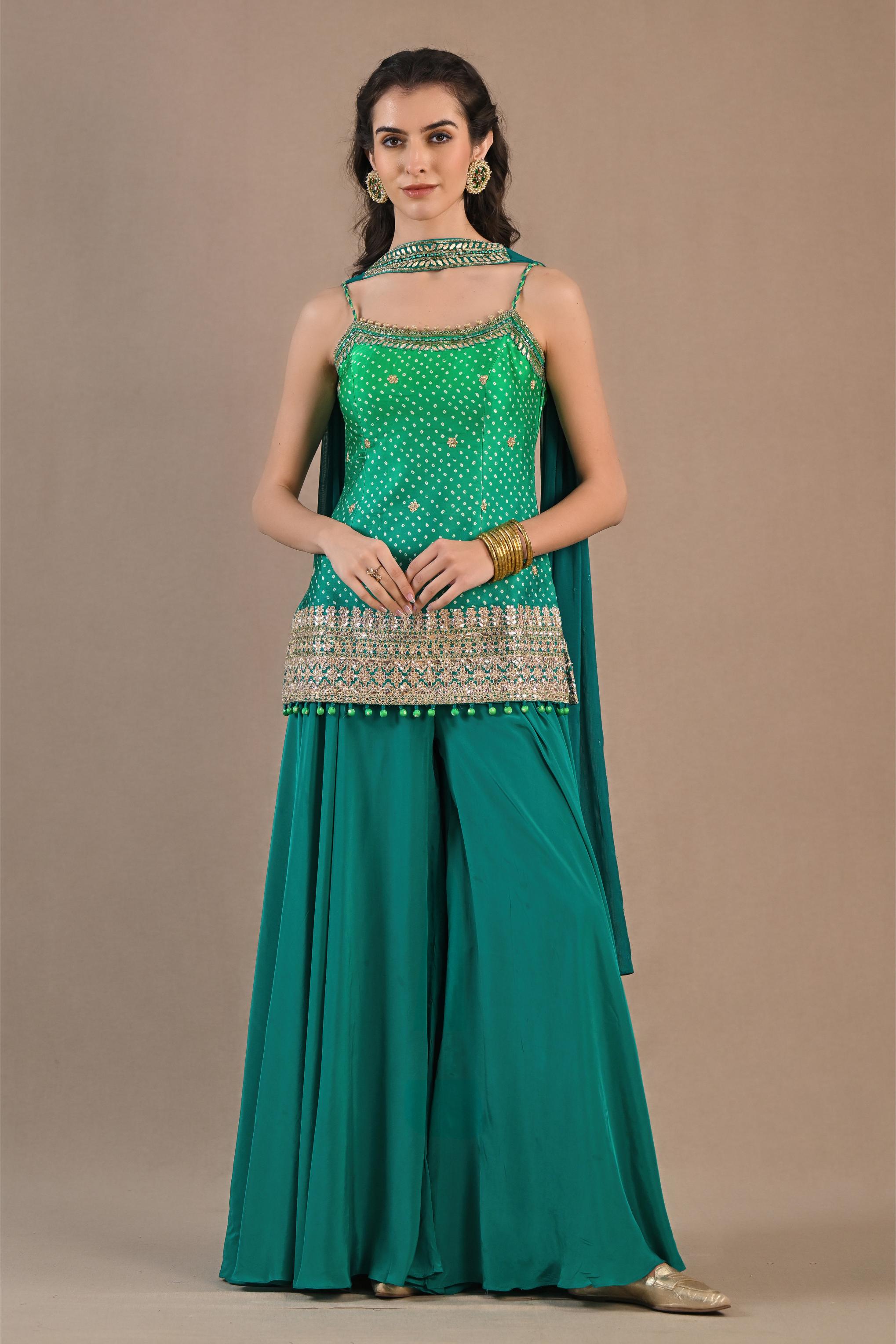 Sea-Green Bandhej Printed Crepe Silk Palazzo Set