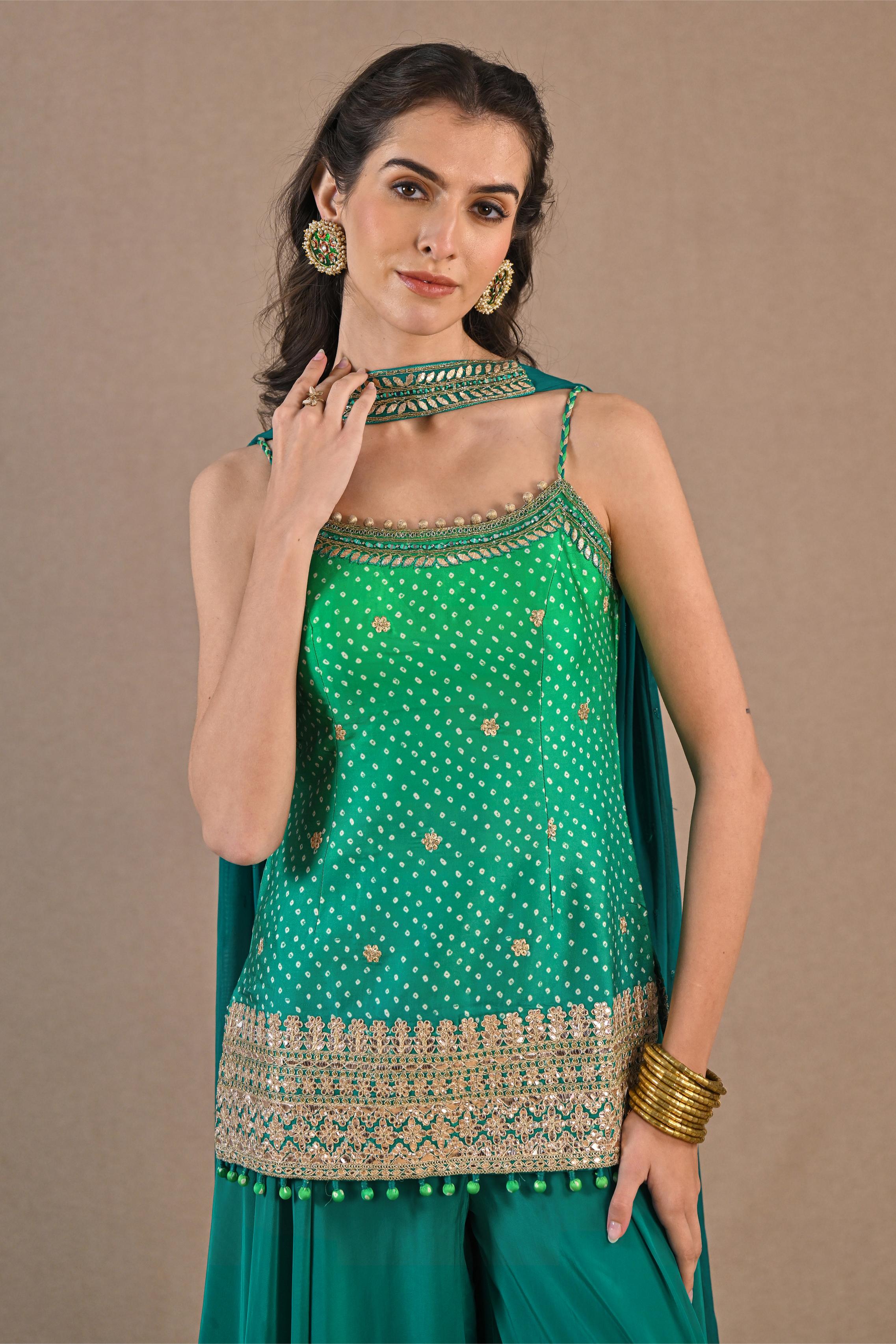 Sea-Green Bandhej Printed Crepe Silk Palazzo Set