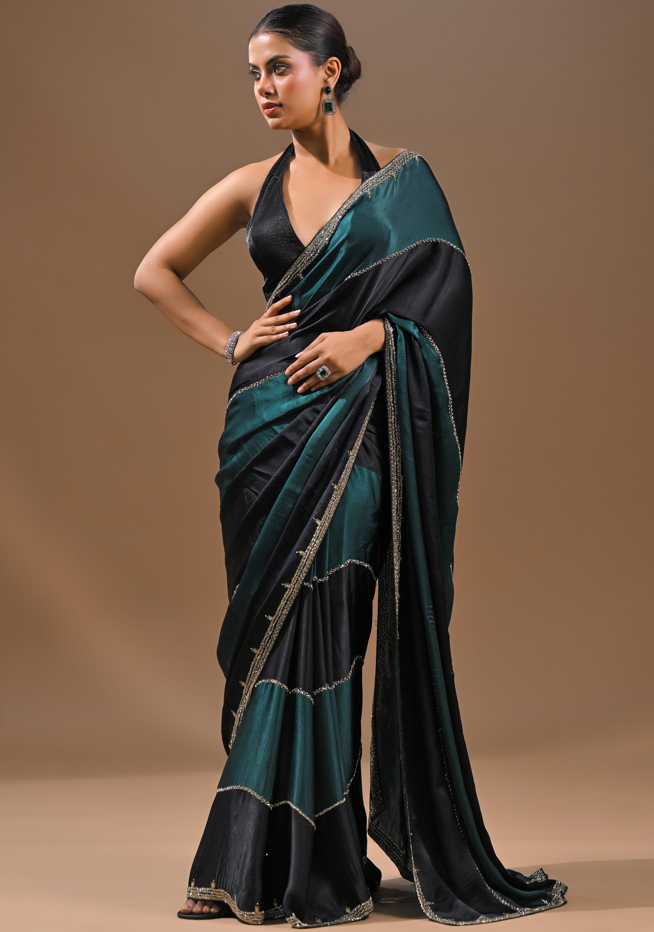 Black Embellished Satin Silk Saree