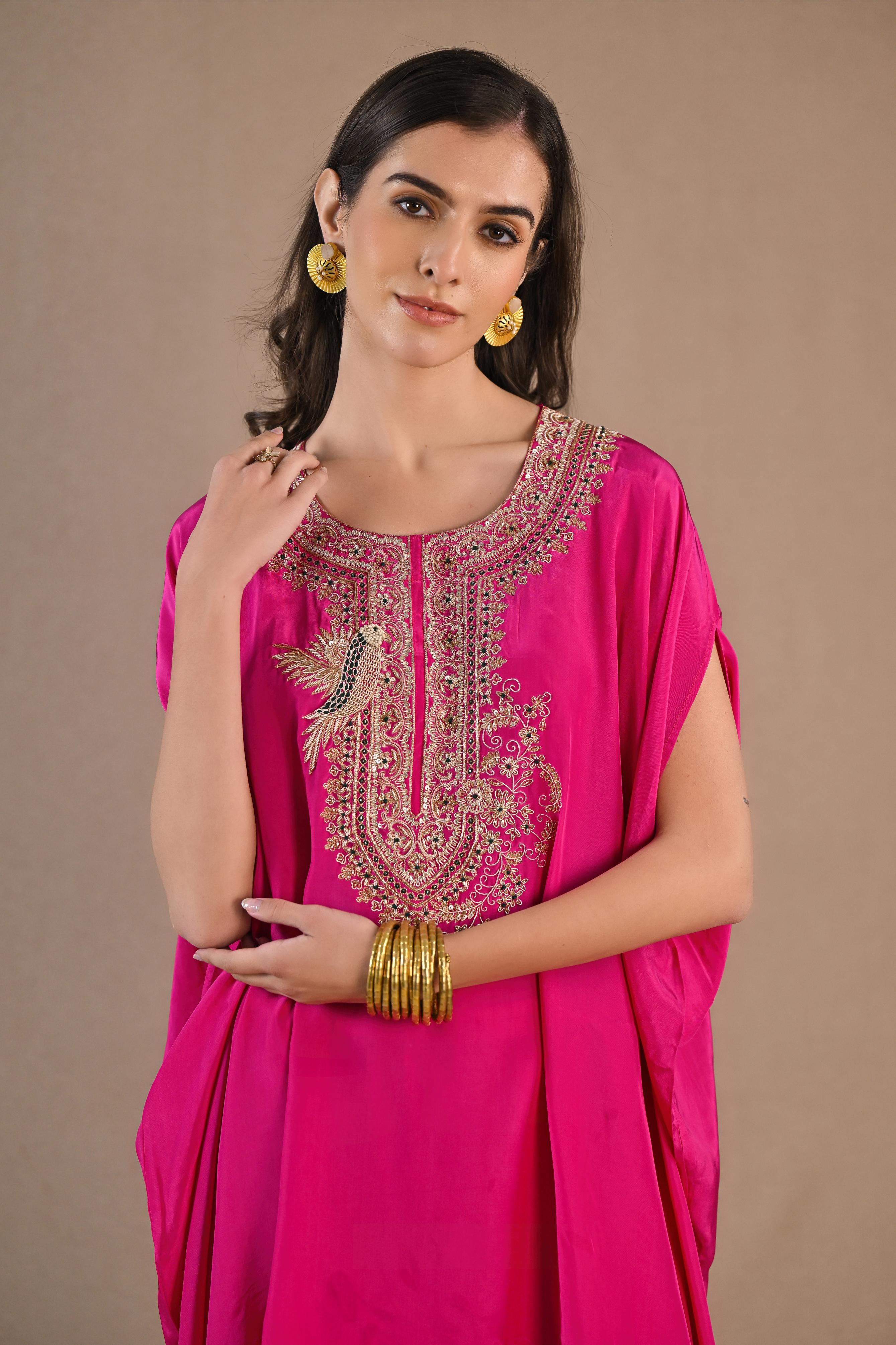 Pink Embroidered Habutai Silk Kaftan Set