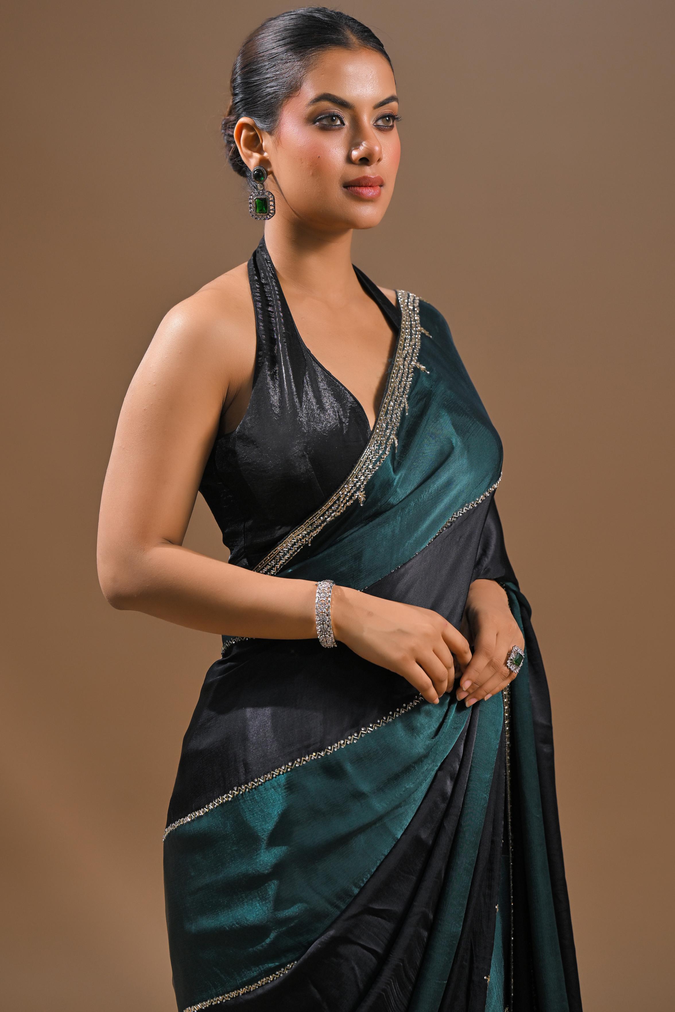 Black Embellished Satin Silk Saree