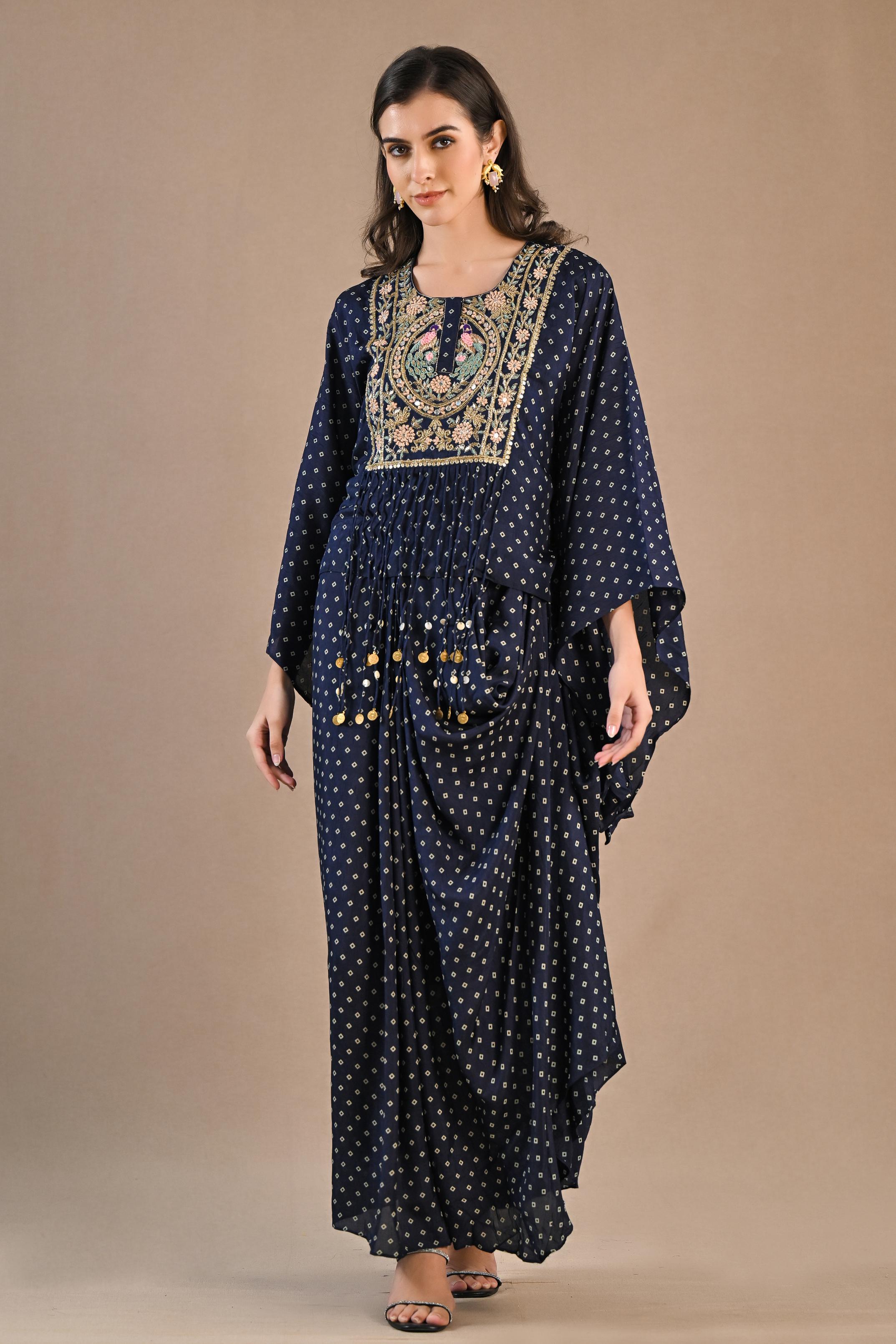 Blue Bandhej Printed Raw Silk Kaftan & Skirt Set