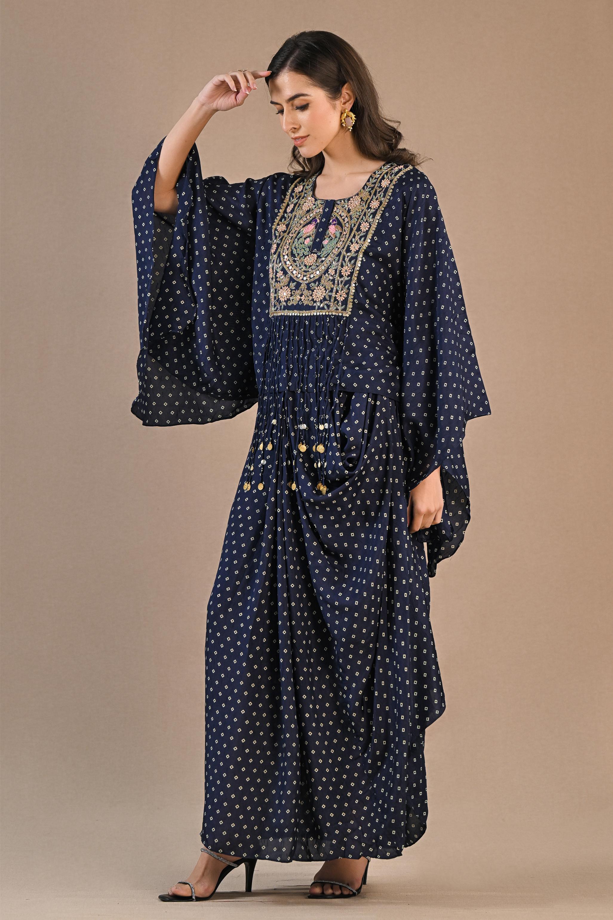 Blue Bandhej Printed Raw Silk Kaftan & Skirt Set