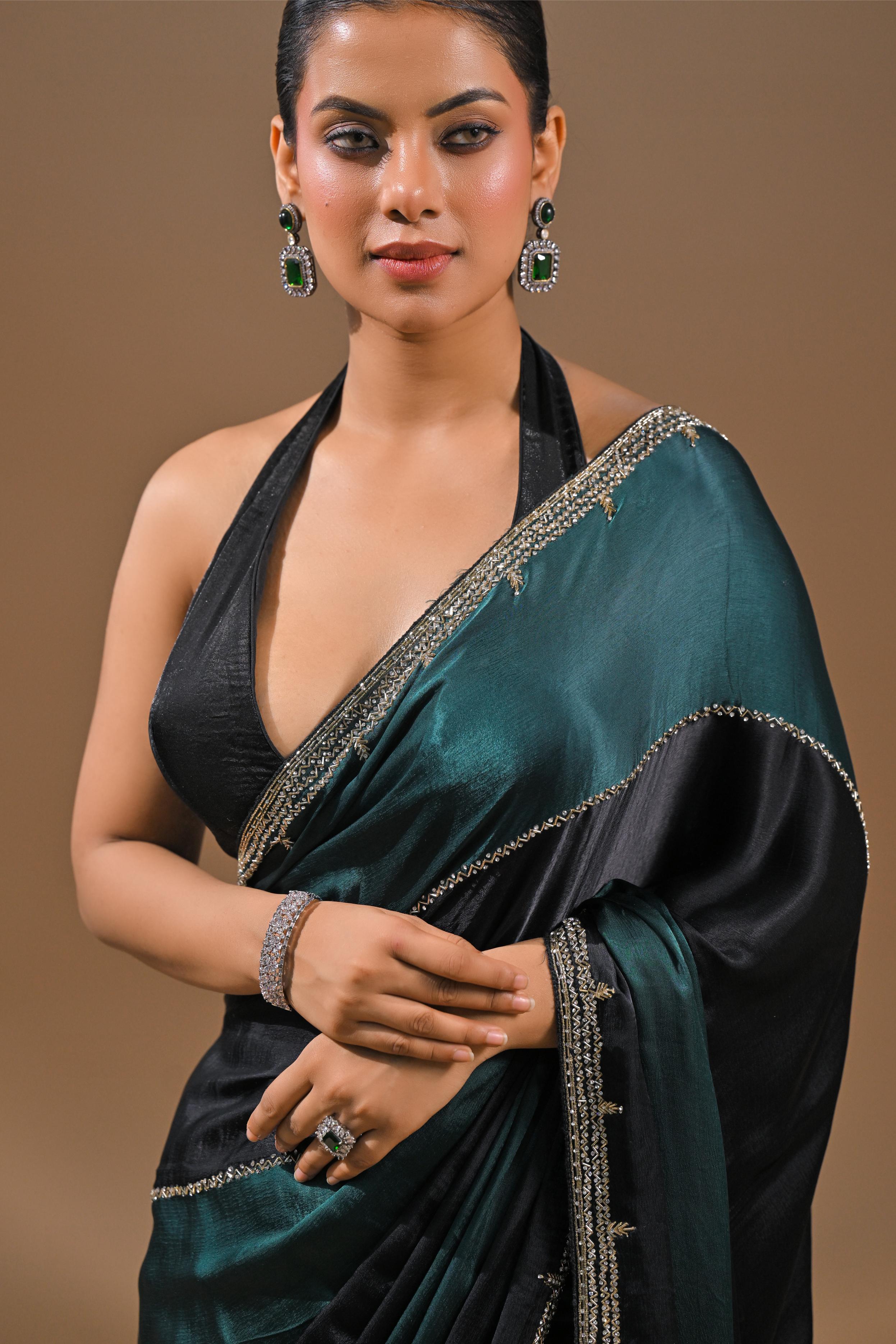 Black Embellished Satin Silk Saree