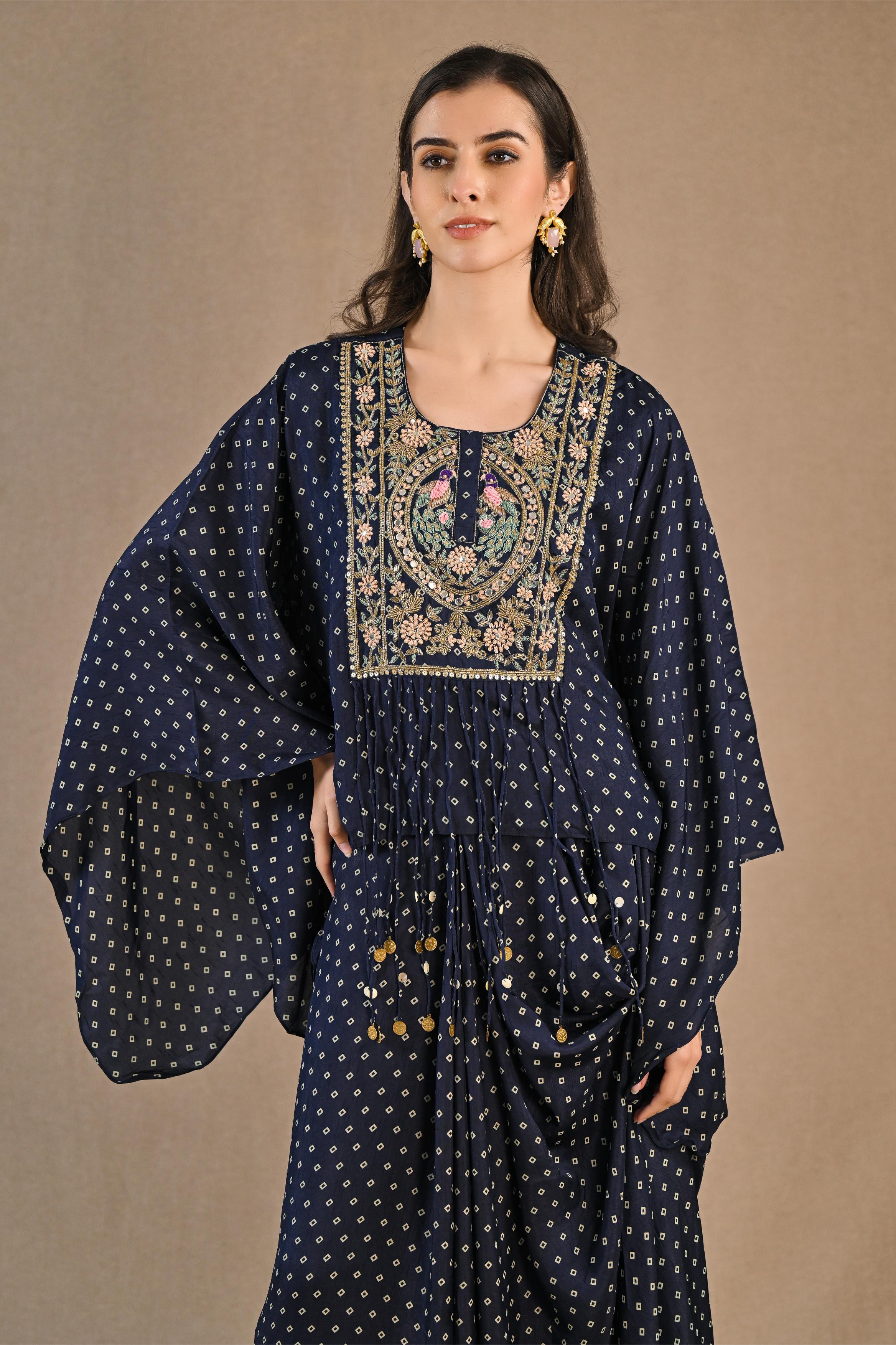 Blue Bandhej Printed Raw Silk Kaftan & Skirt Set